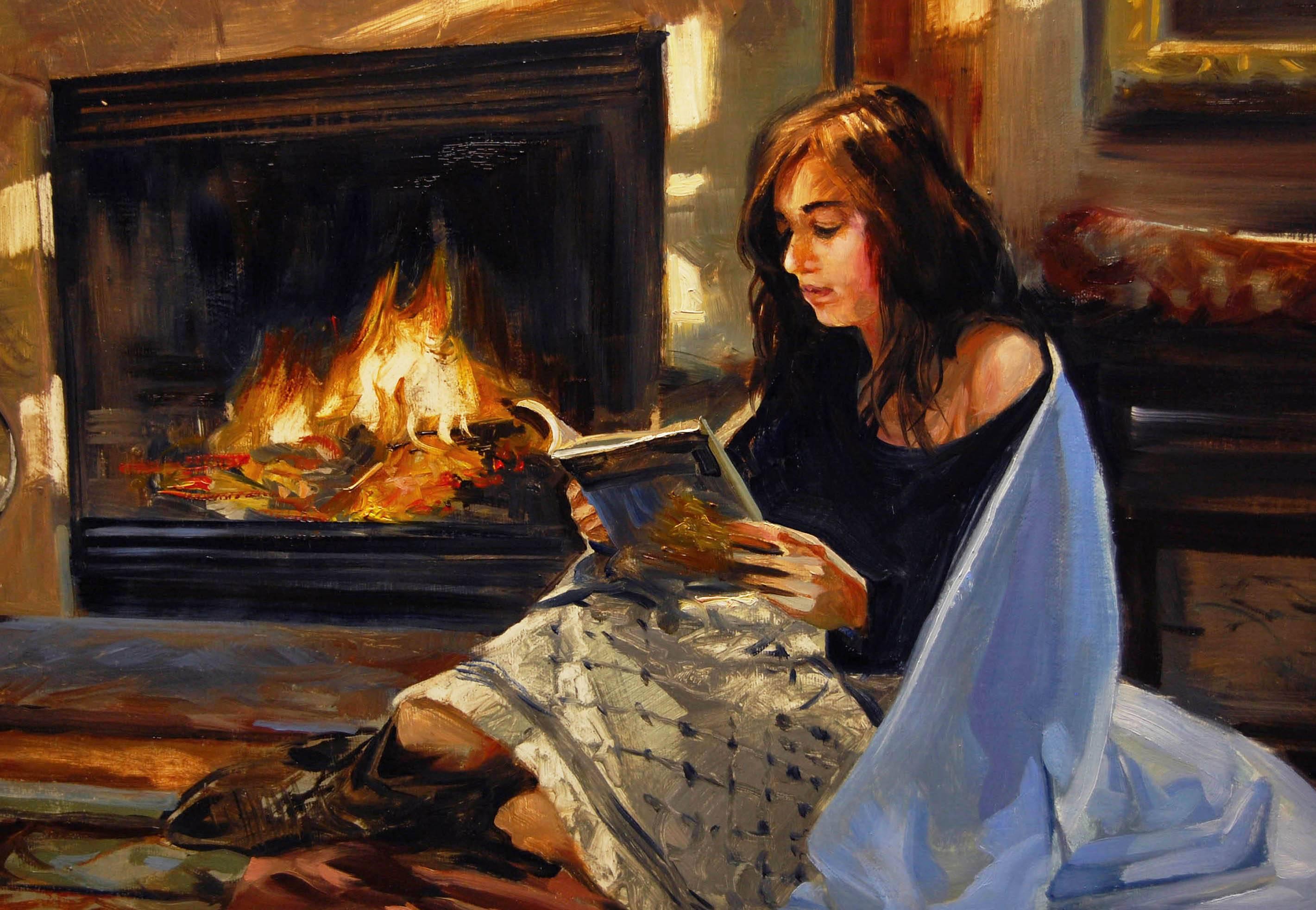 <p>Artist Comments<br />To me, few things compare to a quiet time of contemplation and reading by a fire. The weather outside is bitterly cold. The youthful model is situated in my living room in front of the hearth and fireplace I hand crafted many
