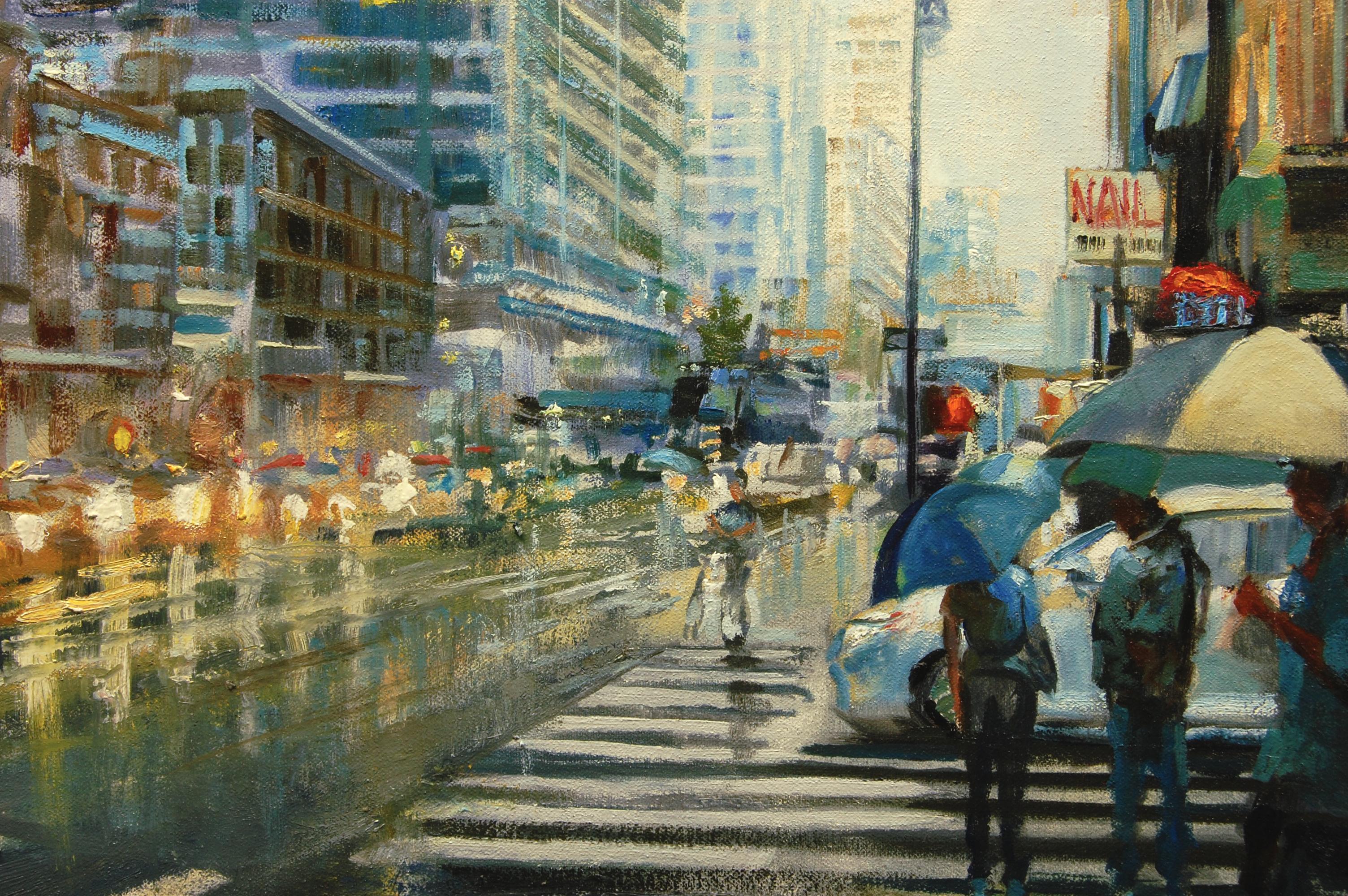 <p>Artist Comments<br>Artist Onelio Marrero depicts the bustling energy of Midtown Manhattan traffic, looking south on a rainy afternoon. Dashing yet precise brushstrokes convey movement and atmospheric perspective. Warm tones in the foreground
