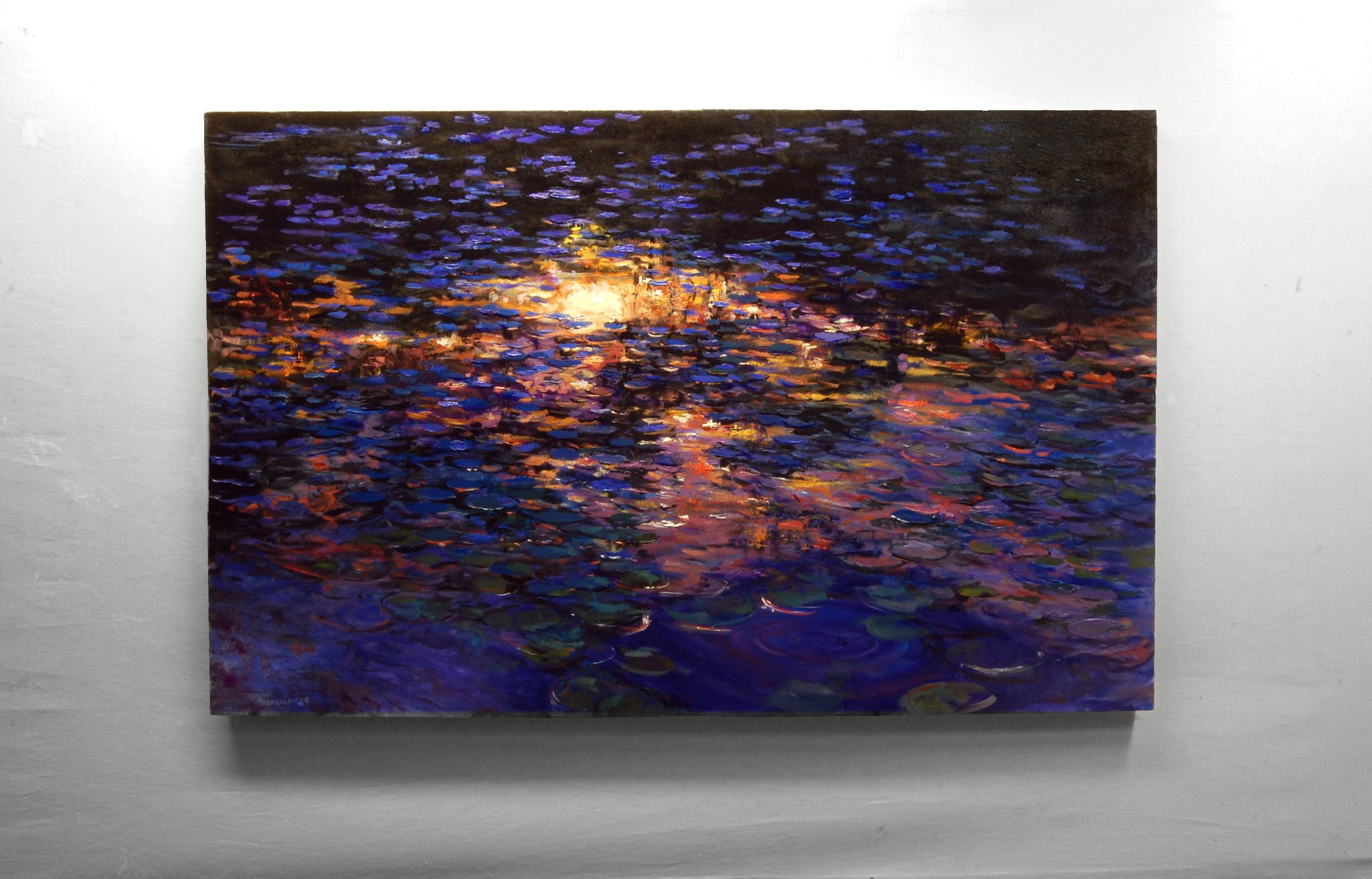 <p>Artist Comments<br />Working on the subject of water lilies and sunset reflections, artist Onelio Marrero portrays a pond mirroring the colors of the sky as night approaches, with trees silhouetted against the fiery sunset. The aquatic plants
