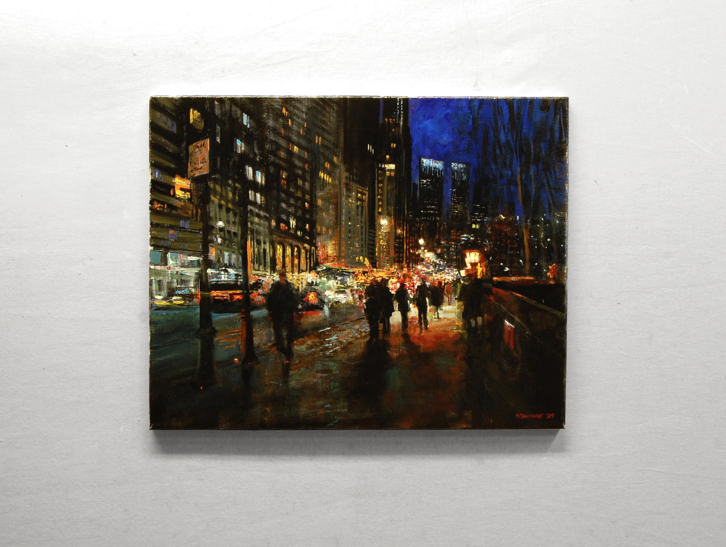 <p>Artist Comments<br />Artist Onelio Marrero captures a winter night in Manhattan, blending views of 5th and 7th Avenues looking south. The soft, glowing lights and bustling traffic create a charming atmosphere. Drawing from nighttime sketches, the