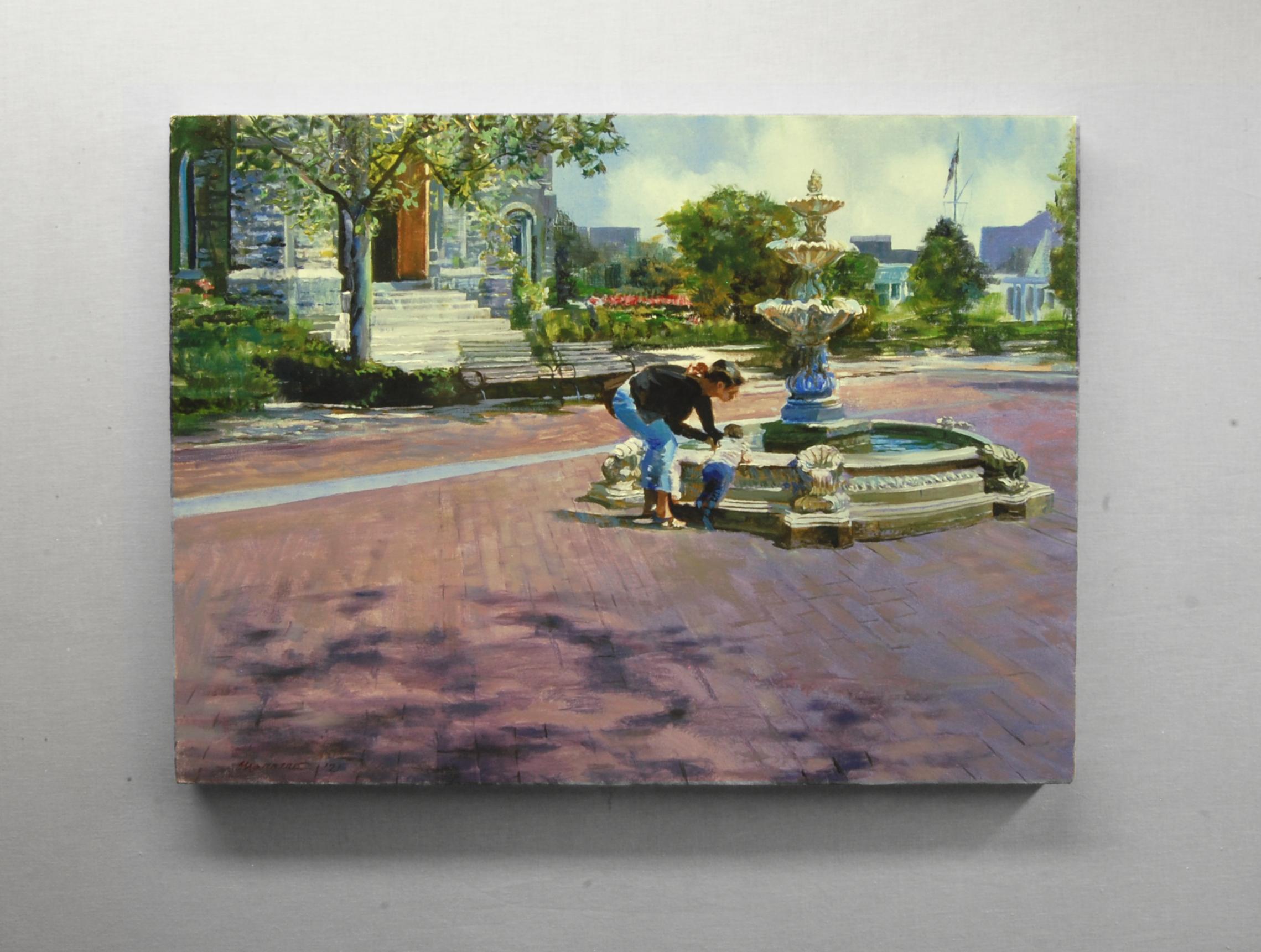 <p>Artist Comments<br />Artist Onelio Marrero depicts a mother and her child dropping coins into a fountain for good luck. The quiet moment is painted in brilliant morning light with dappled shadows in the foreground. Behind them lies a verdant