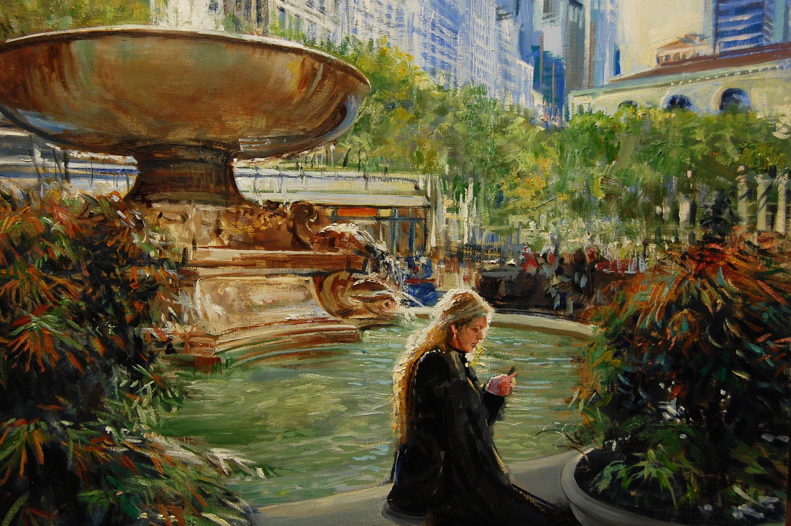 October Light In Bryant Park - Realist Painting by Onelio Marrero