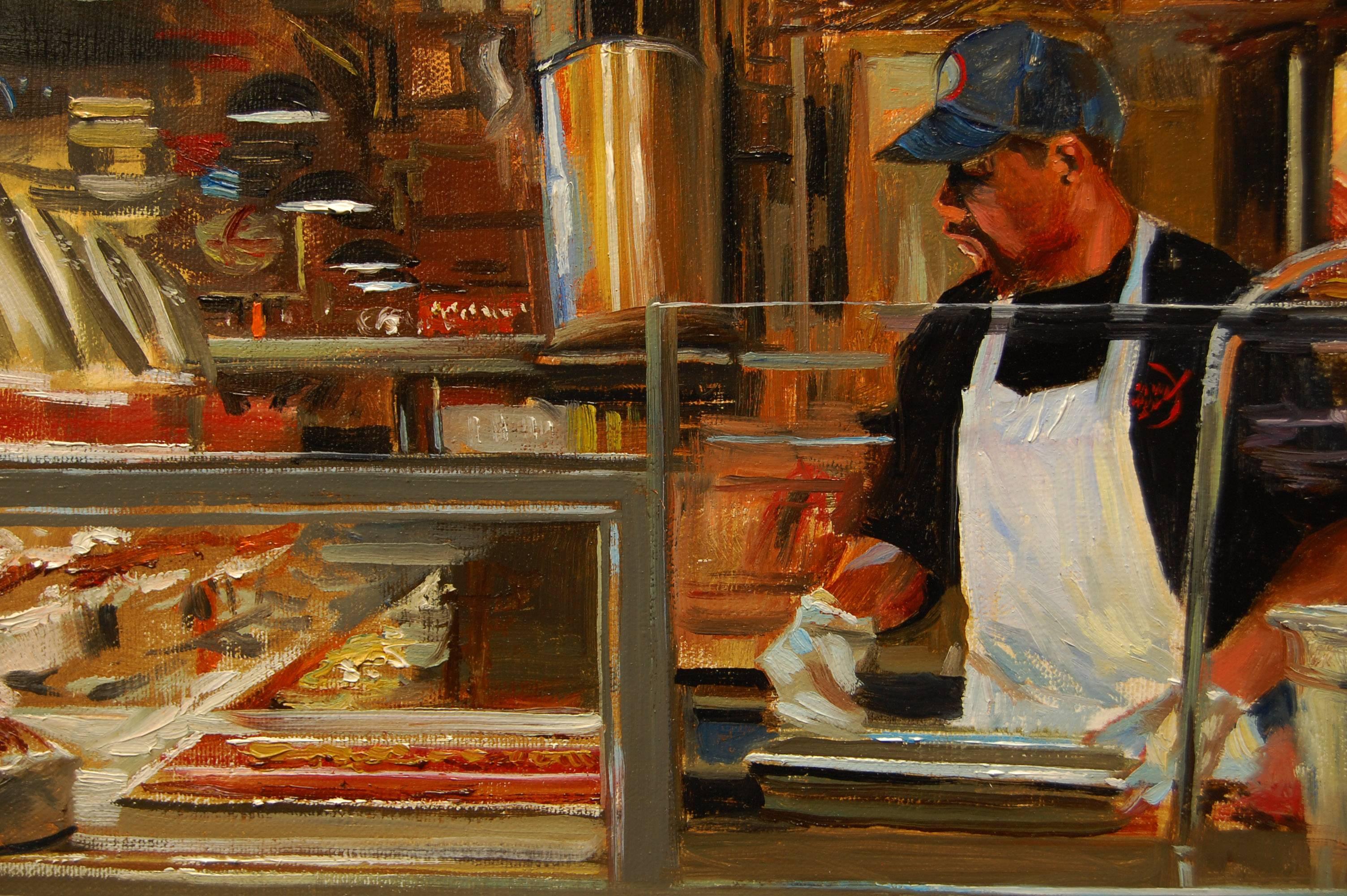 <p>Artist Comments<br>The setting for this painting is one of the venues in the Reading Terminal Market in Philadelphia. I love visiting the market for its eateries, fresh meats, fish and produce that arouse one's appetite. It is also a feast for