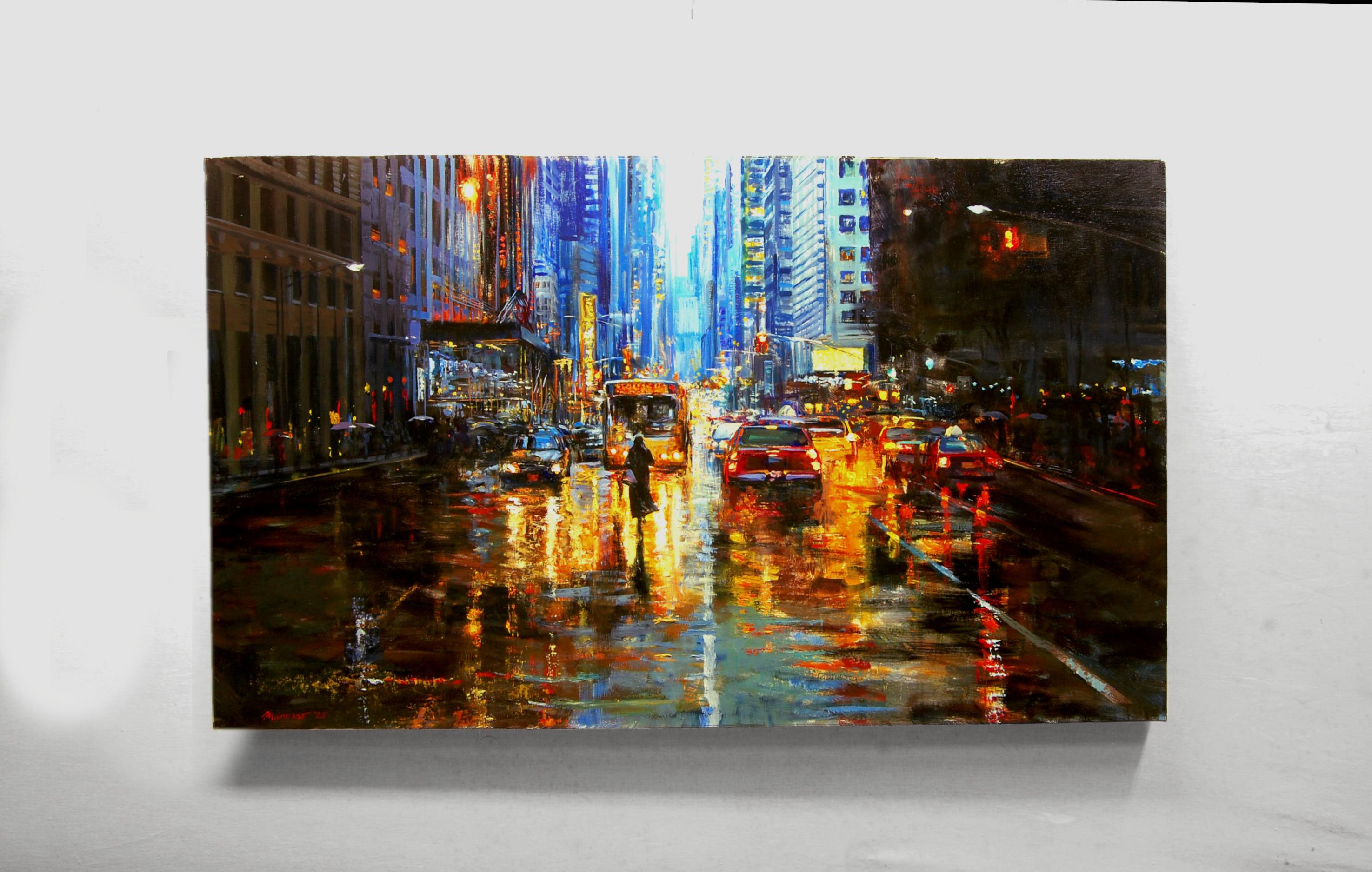 <p>Artist Comments<br />A single determined figure crosses a lively street, unfazed by the flow of oncoming traffic. Inspired by Manhattanâ€™s rainy winter evenings, artist Onelio Marrero recreates the dynamic scene based on his sketches made during