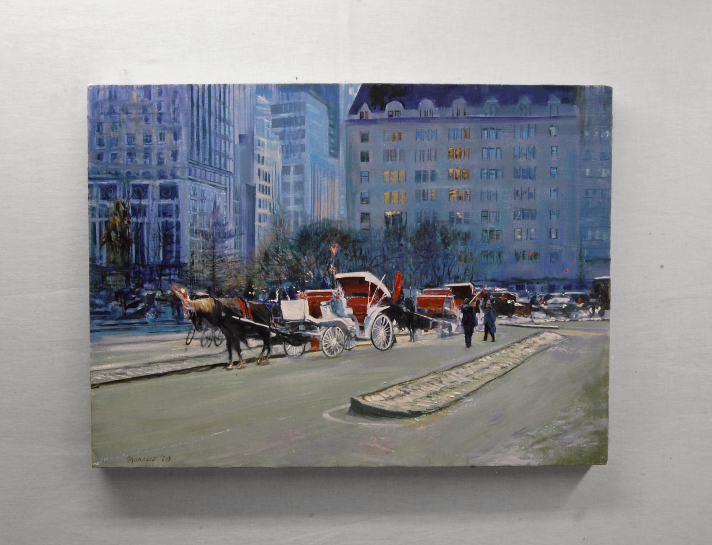 The Plaza before the Snowfall, Oil Painting - Gray Interior Painting by Onelio Marrero