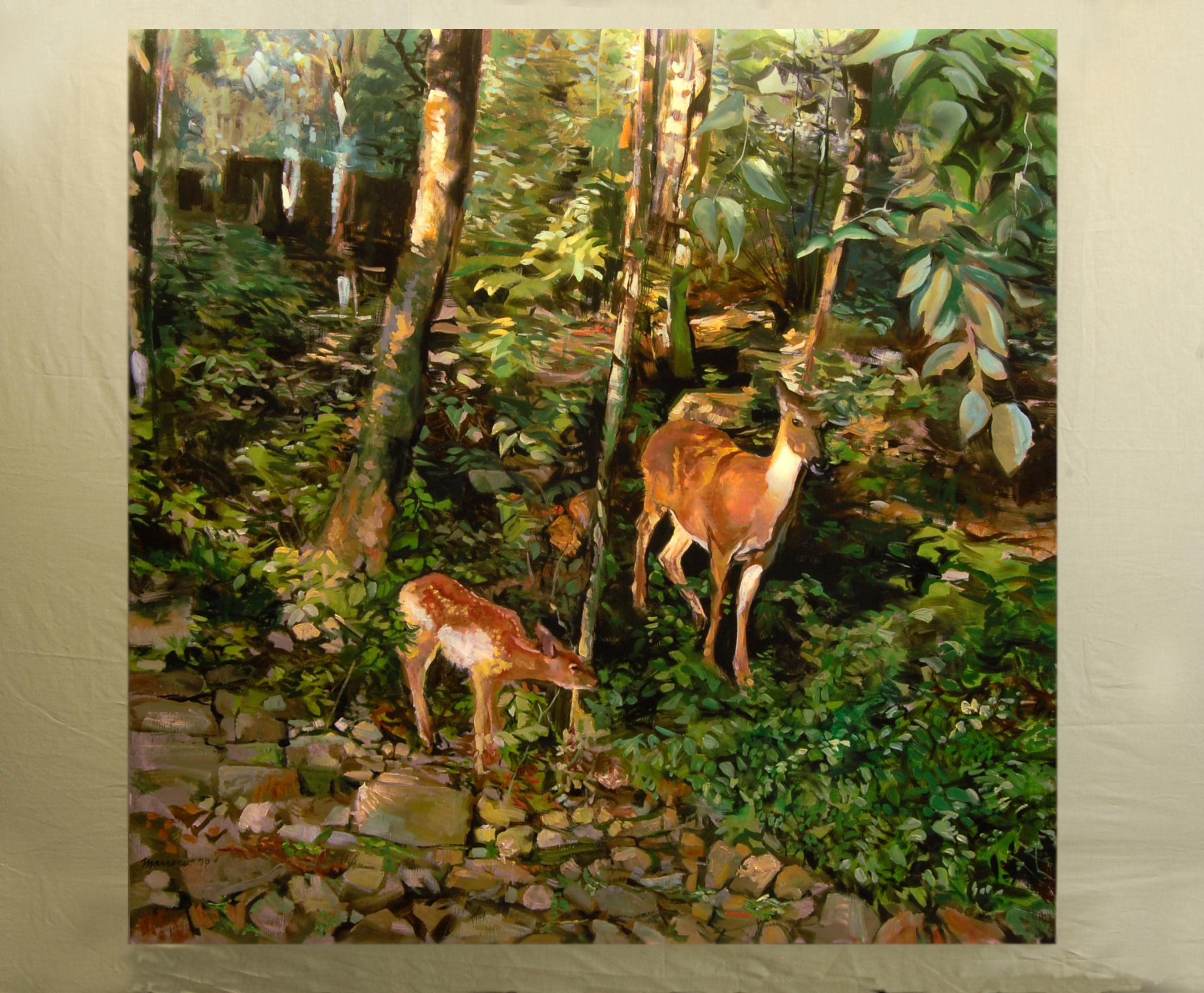 <p>Artist Comments<br />The area in northwestern New Jersey where the artist lives has a large deer population. This painting is a scene revealing a portion of the yard in the home of one of Onelio's daughters. Deer often come to feed in her yard in