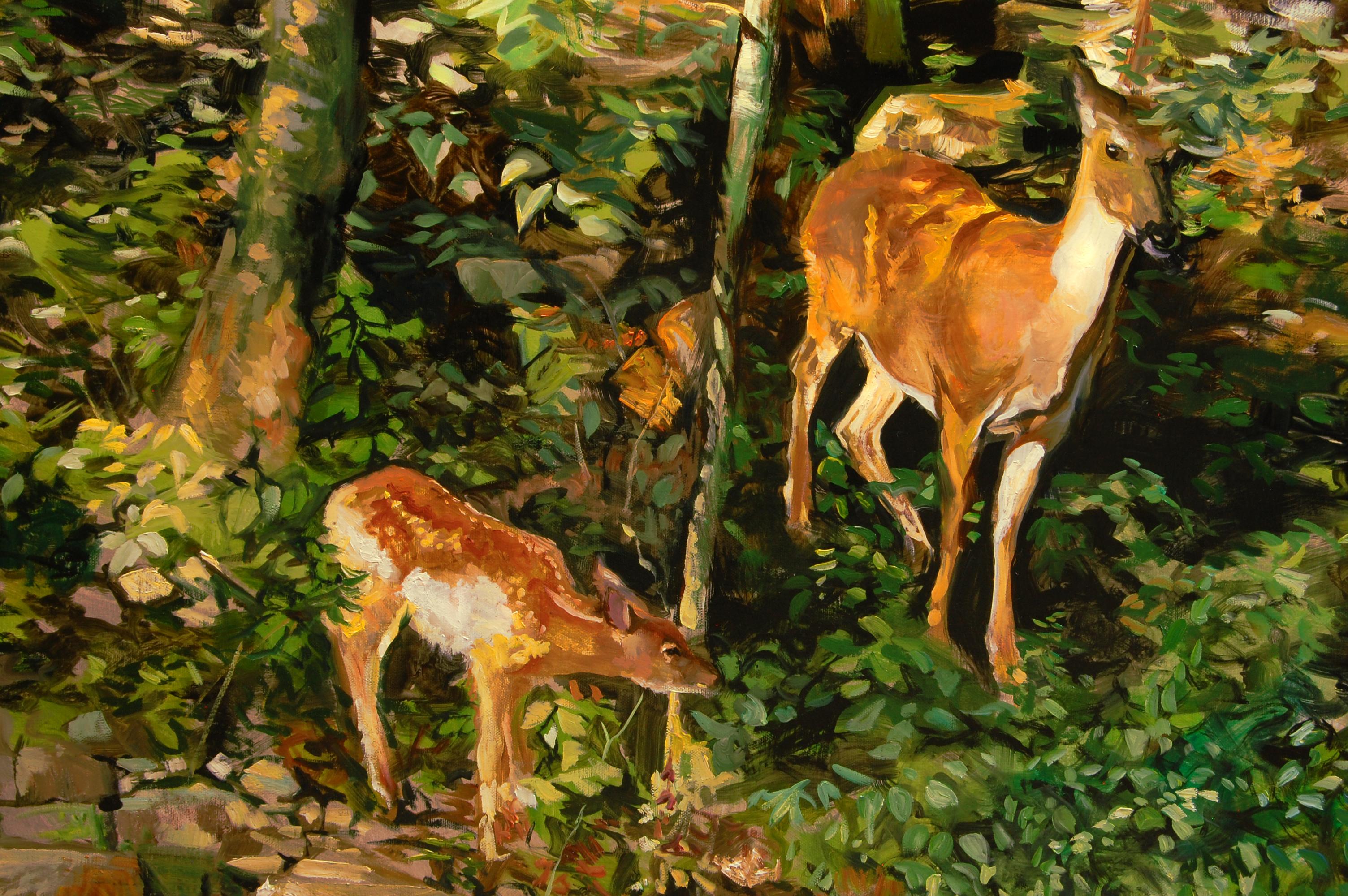Peinture à l'huile « The Watchful Doe » (Le biche attentif) - Marron Animal Painting par Onelio Marrero