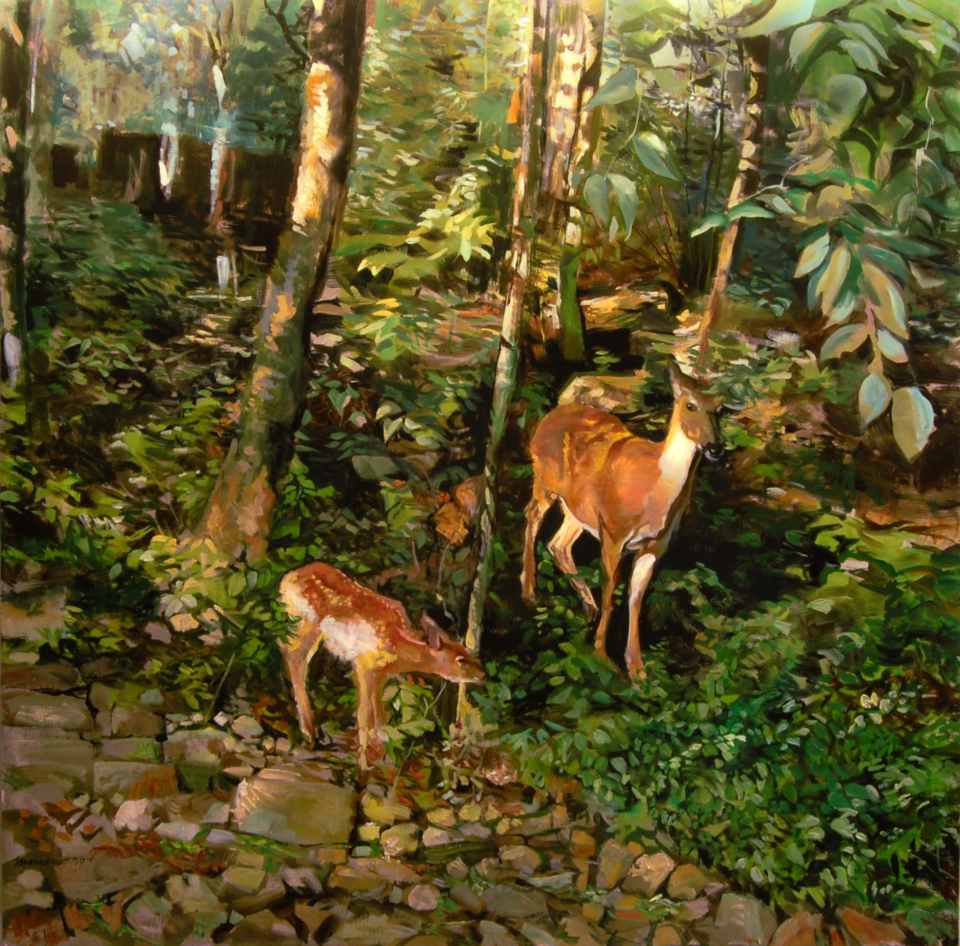 Animal Painting Onelio Marrero - Peinture à l'huile « The Watchful Doe » (Le biche attentif)