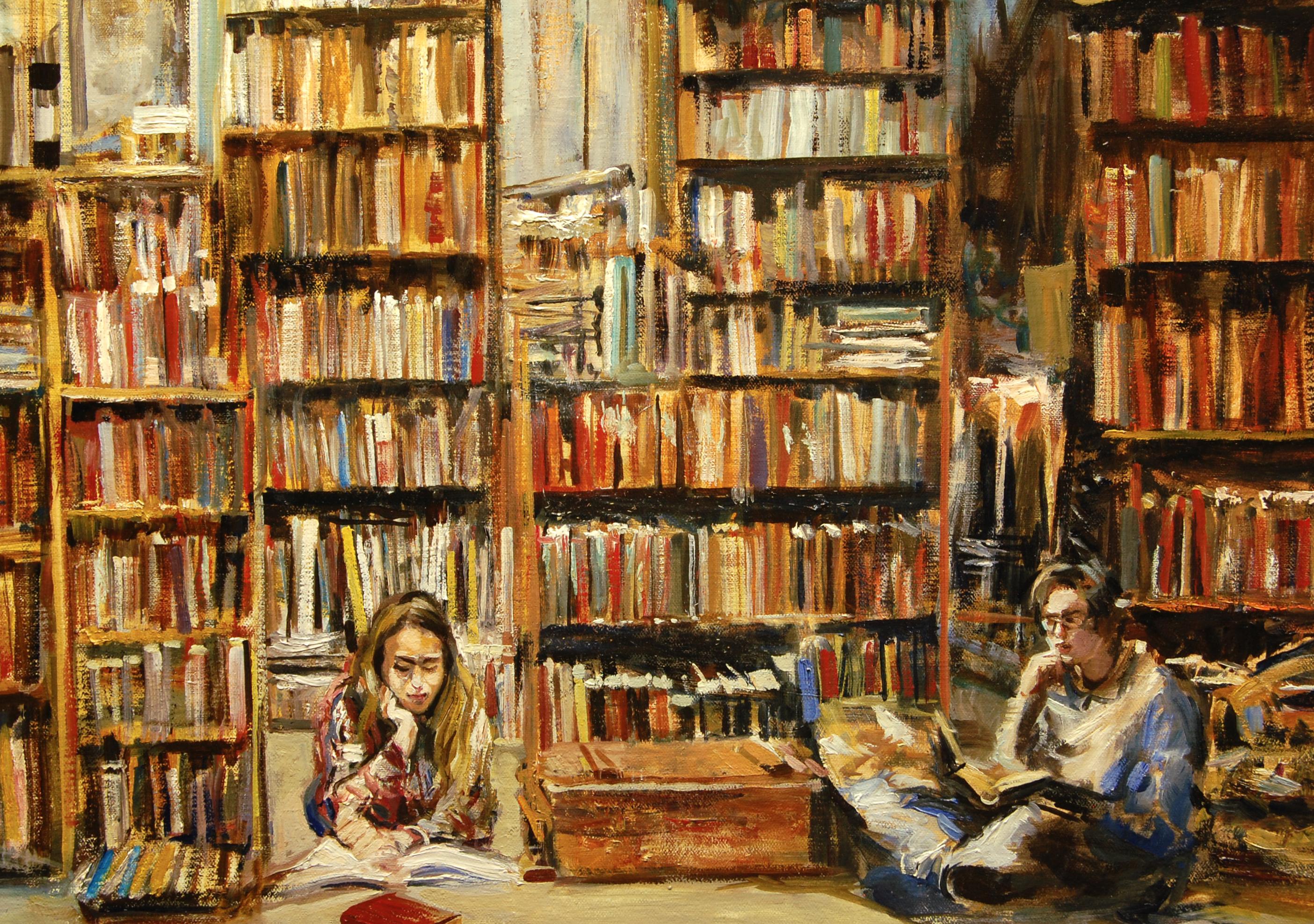 Il valore in ogni pagina, Pittura a olio - Interior Painting Marrone di Onelio Marrero
