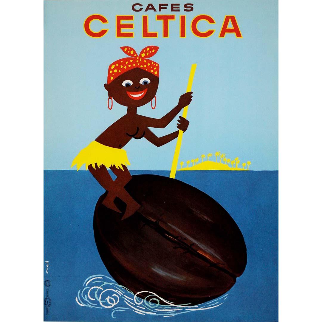 The circa 1960 original poster by Onell, titled "Cafes Celtica," exudes an aura of vintage charm and timeless elegance. Created during an era known for its artistic vibrancy and cultural dynamism, this poster captures the essence of the coffee
