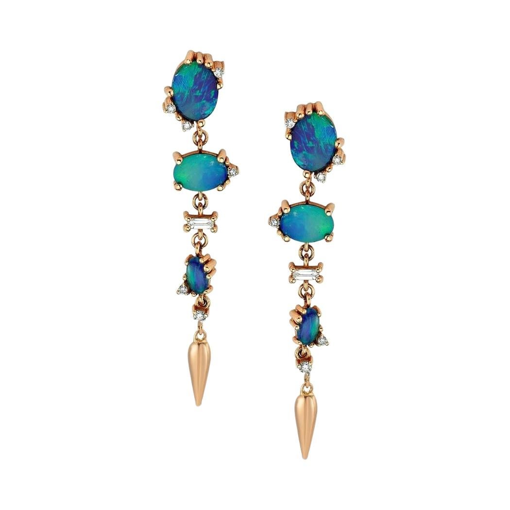 Onella Dangle Earrings with 14k Rose Gold with Opal and White Diamonds For Sale