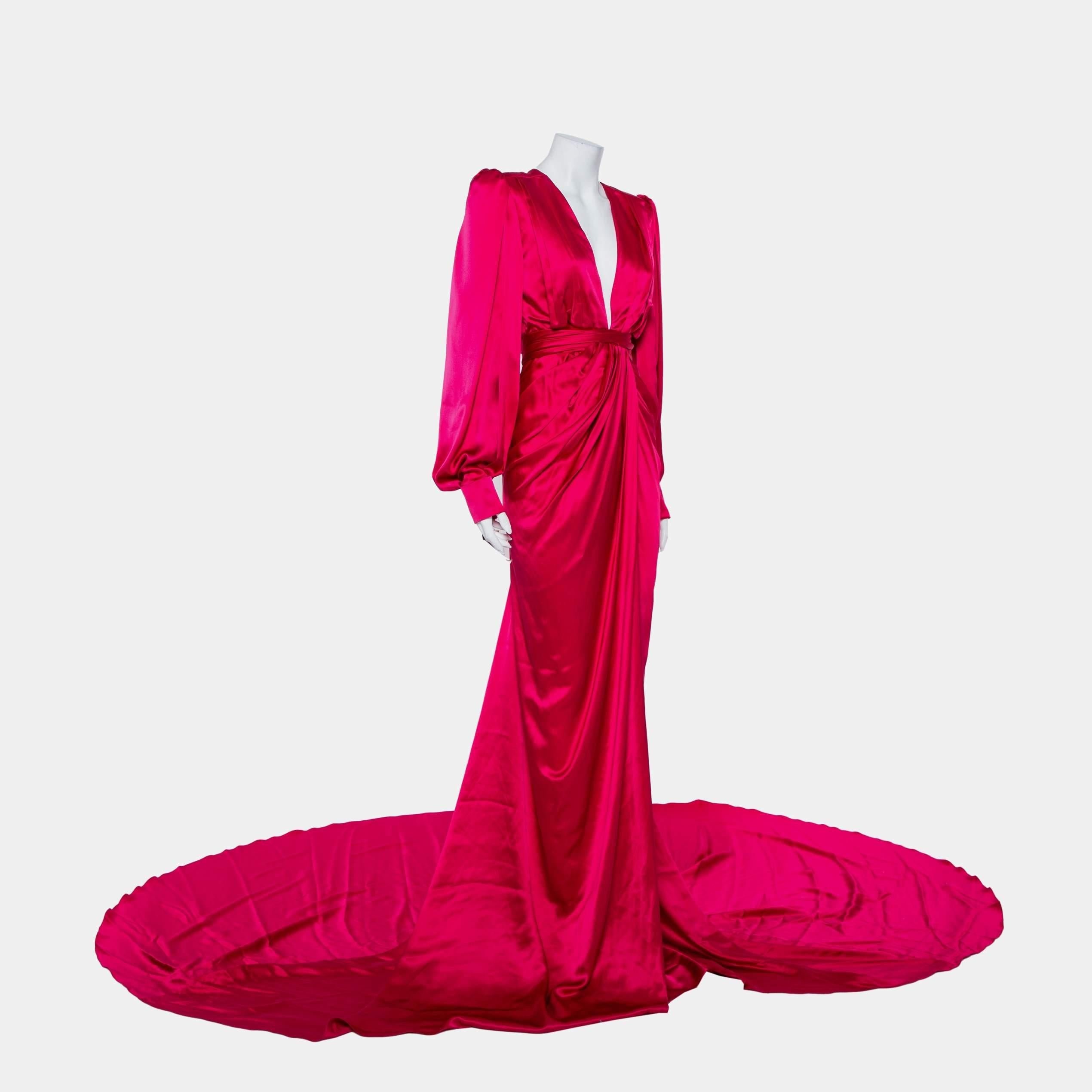 Ong-Oaj Pairam Fuschia Pink Silk Satin Plunge Neck Trail Detail Angelica Gown M In Excellent Condition For Sale In Dubai, Al Qouz 2