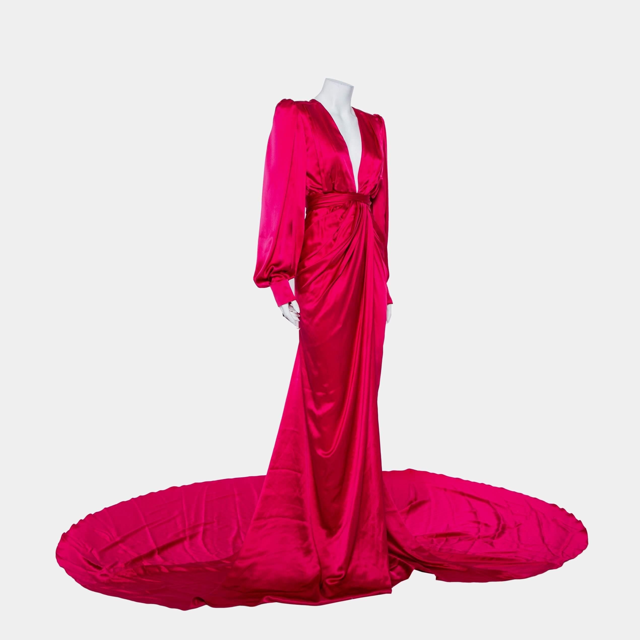 Ong-Oaj Pairam Fuschia Pink Silk Satin Plunge Neck Trail Detail Angelica Gown M In Excellent Condition In Dubai, Al Qouz 2