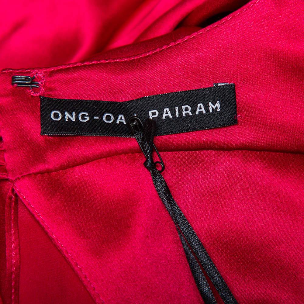 Ong-Oaj Pairam Fuschia Pink Silk Satin Plunge Neck Trail Detail Angelica Gown M 1
