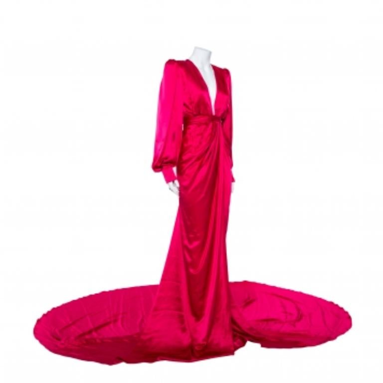 Ong-Oaj Pairam Fuschia Pink Silk Satin Plunge Neck Trail Detail Angelica Gown M For Sale 2