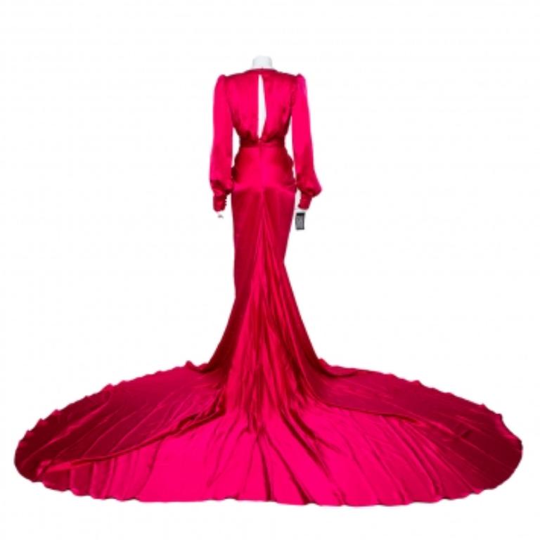 Ong-Oaj Pairam Fuschia Pink Silk Satin Plunge Neck Trail Detail Angelica Gown M For Sale 3