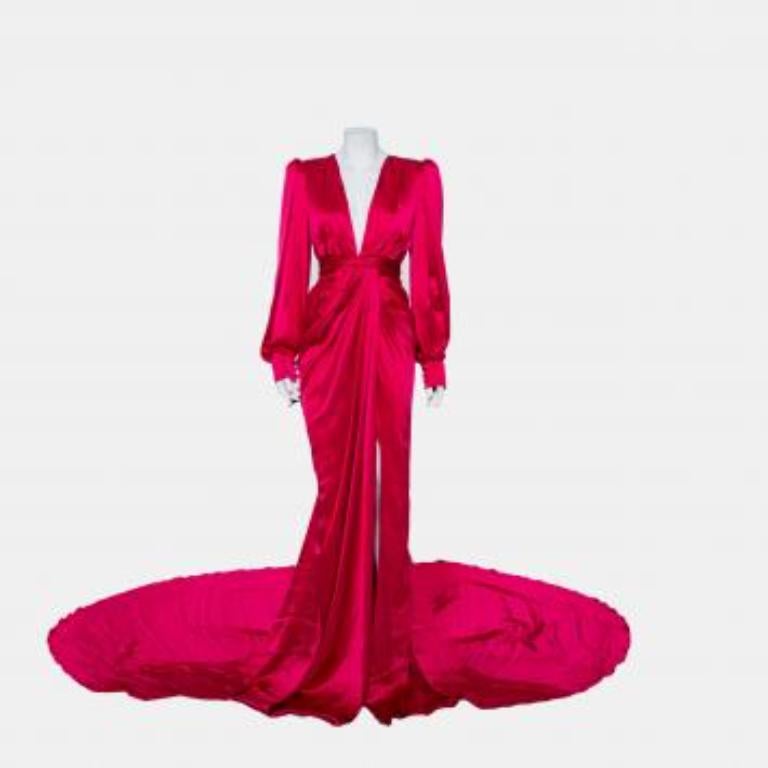 Ong-Oaj Pairam Fuschia Pink Silk Satin Plunge Neck Trail Detail Angelica Gown M For Sale 4