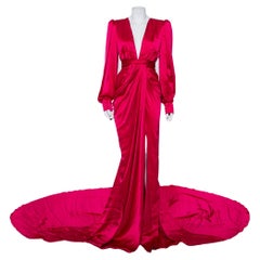 Ong-Oaj Pairam Fuschia Pink Silk Satin Plunge Neck Trail Detail Angelica Gown M