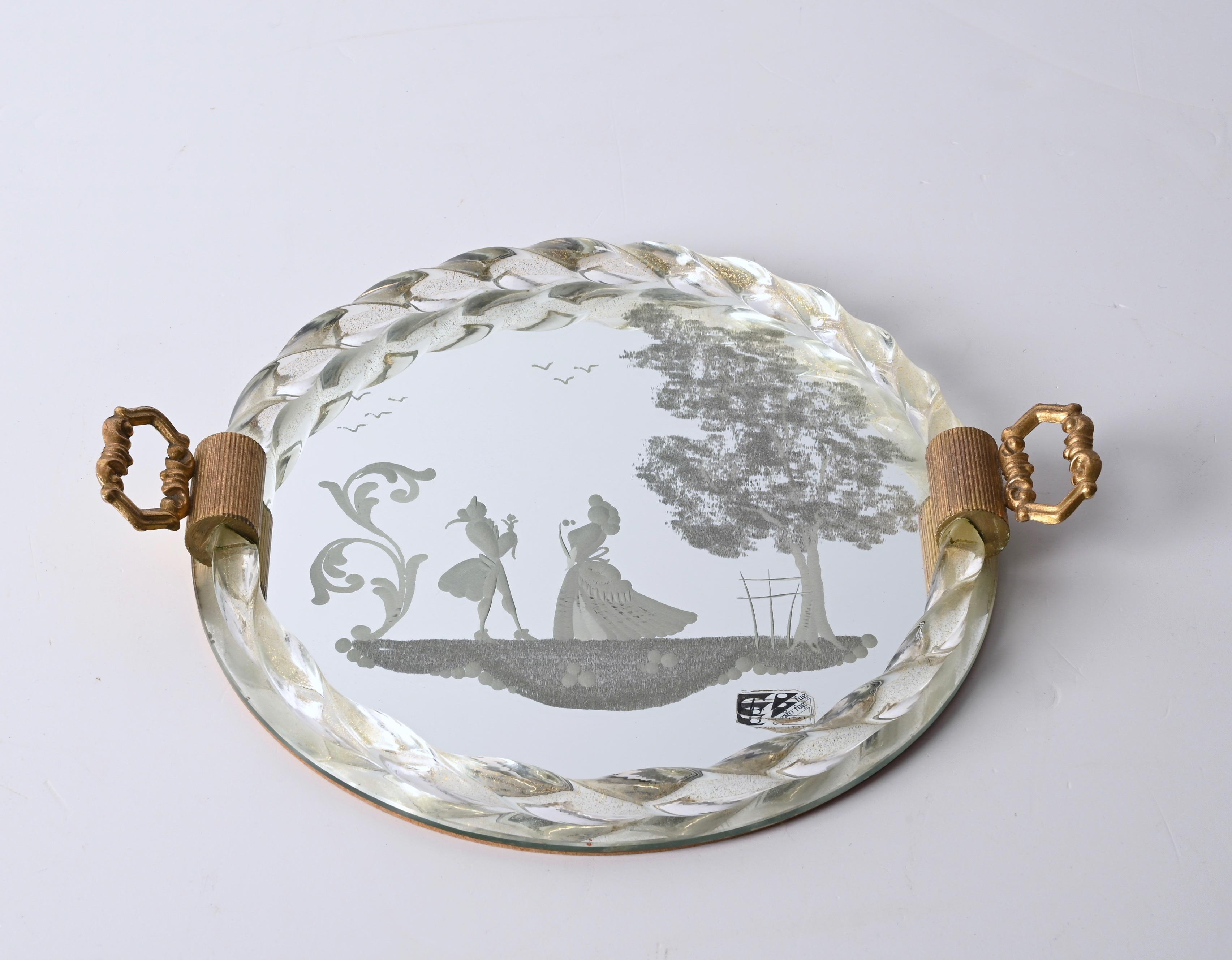 Ongaro e Fuga Gilded Engraved Mirror and Murano Glass Italian Serving Tray 1950s For Sale 2