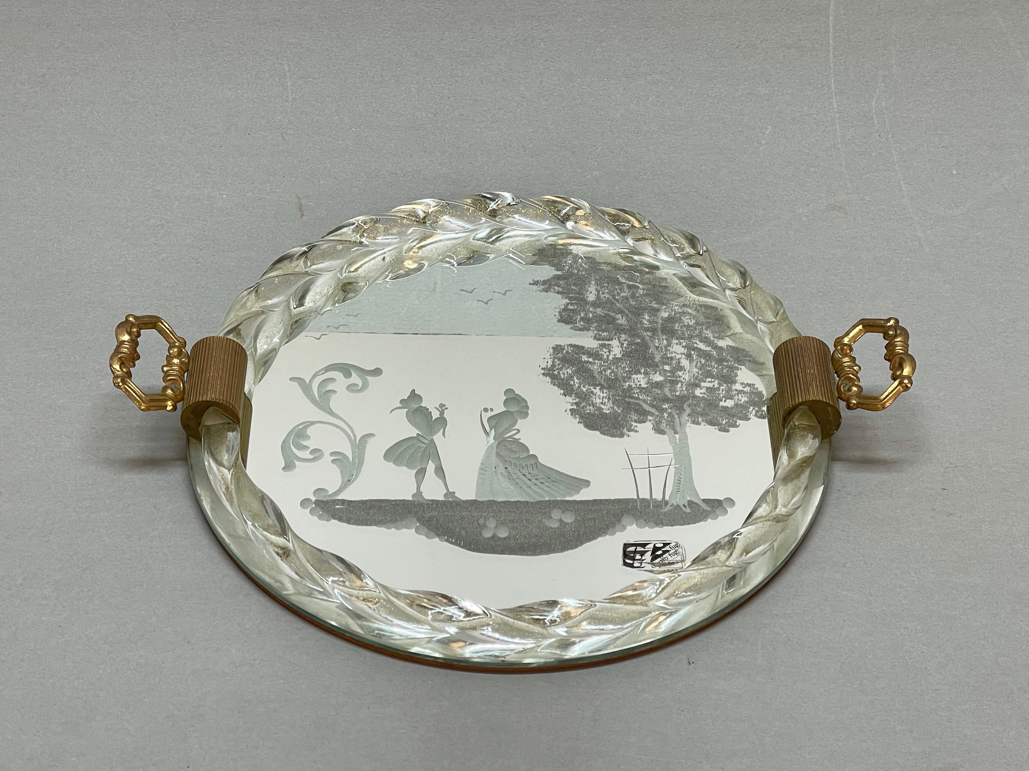 Ongaro e Fuga Gilded Engraved Mirror and Murano Glass Italian Serving Tray 1950s For Sale 3