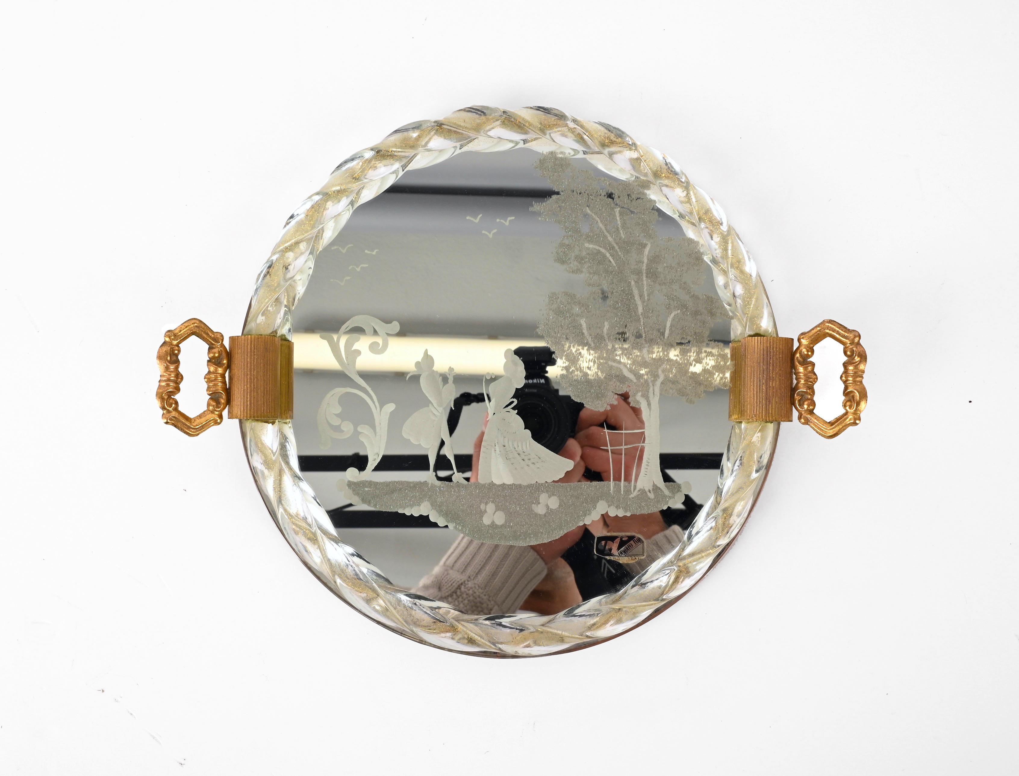 Ongaro e Fuga Gilded Engraved Mirror and Murano Glass Italian Serving Tray 1950s For Sale 4
