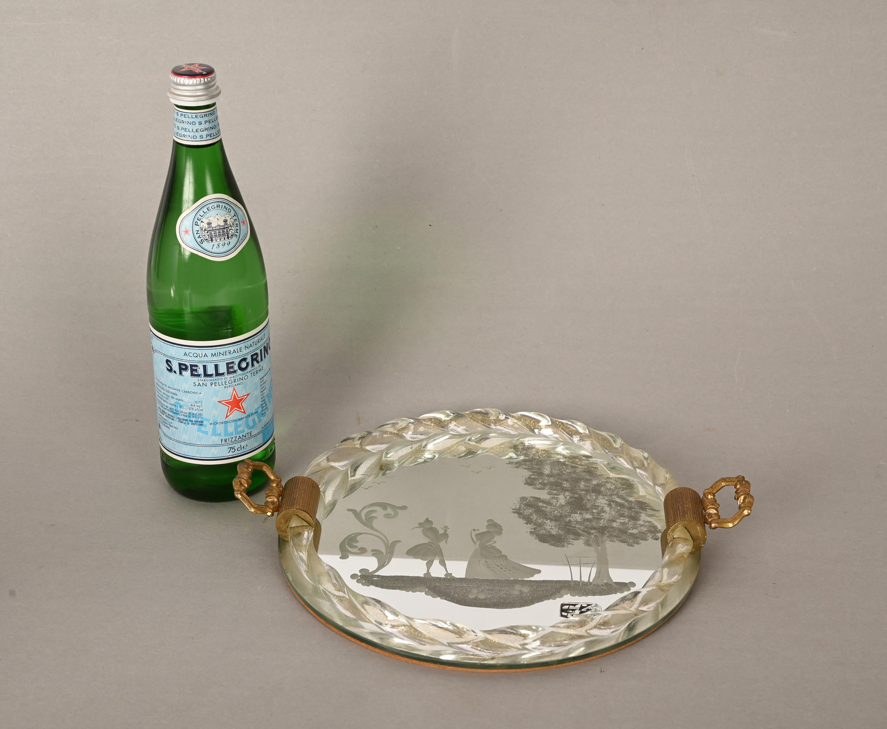 Ongaro e Fuga Gilded Engraved Mirror and Murano Glass Italian Serving Tray 1950s For Sale 5