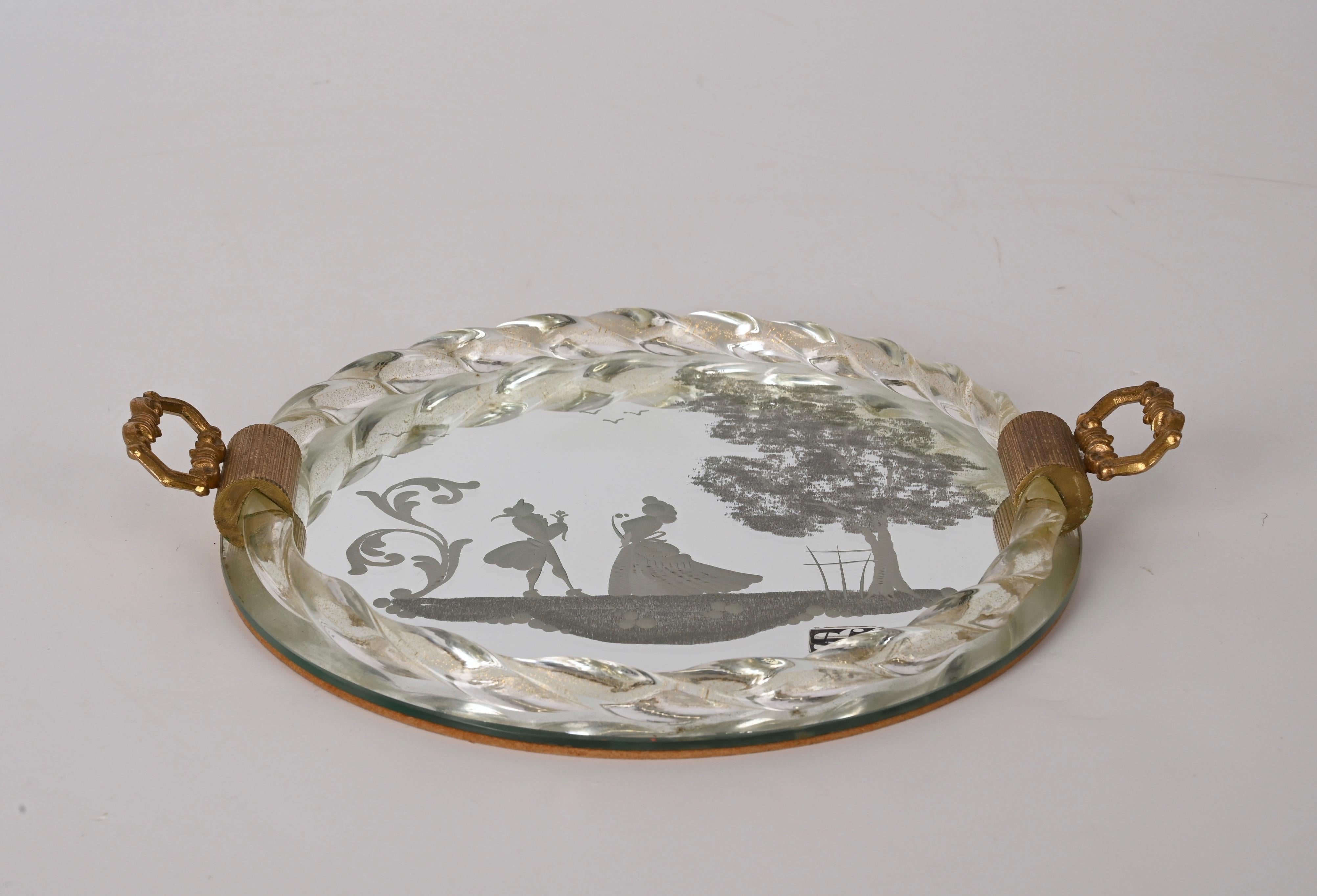 Ongaro e Fuga Gilded Engraved Mirror and Murano Glass Italian Serving Tray 1950s For Sale 6