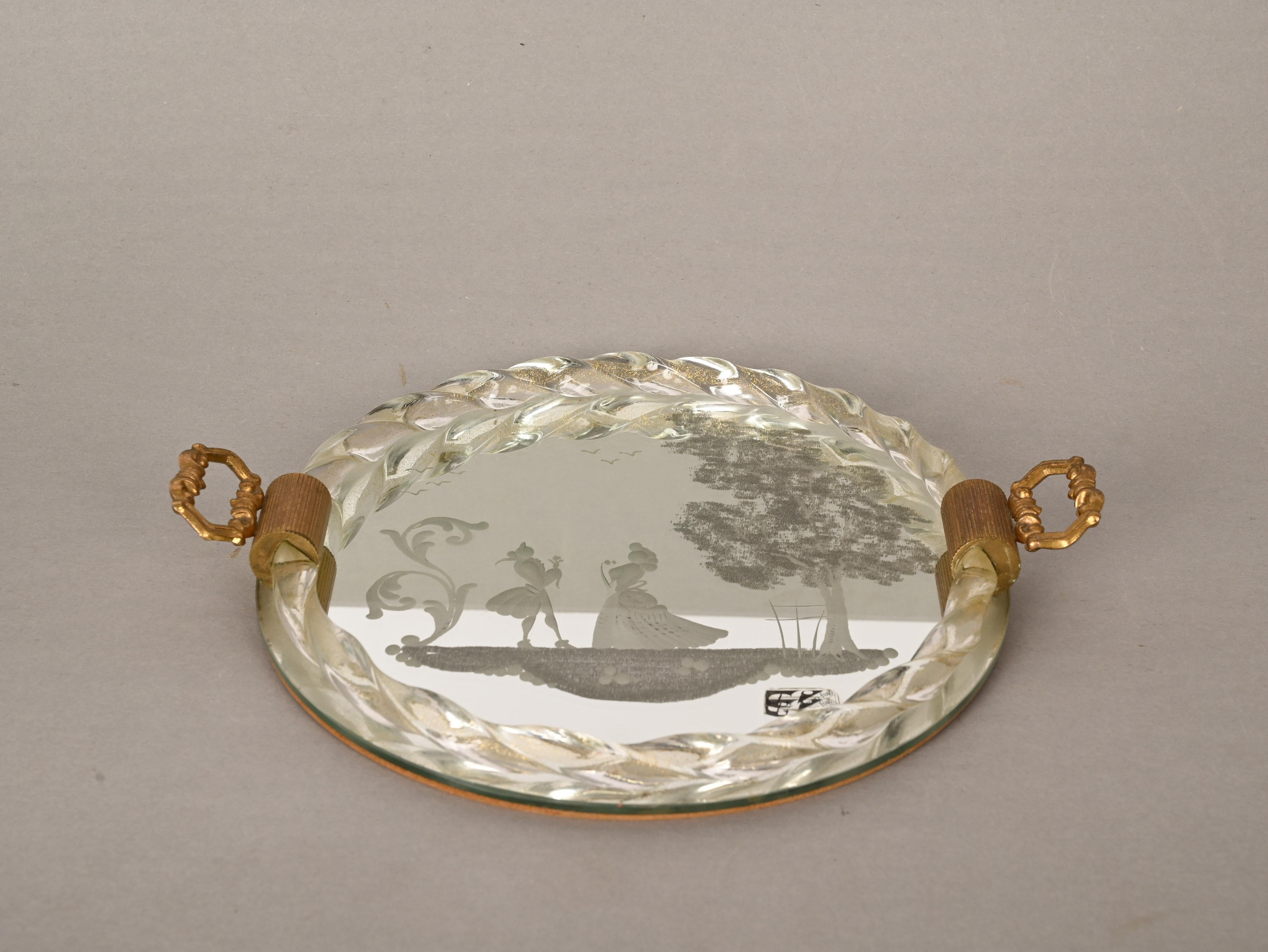 Ongaro e Fuga Gilded Engraved Mirror and Murano Glass Italian Serving Tray 1950s For Sale 8