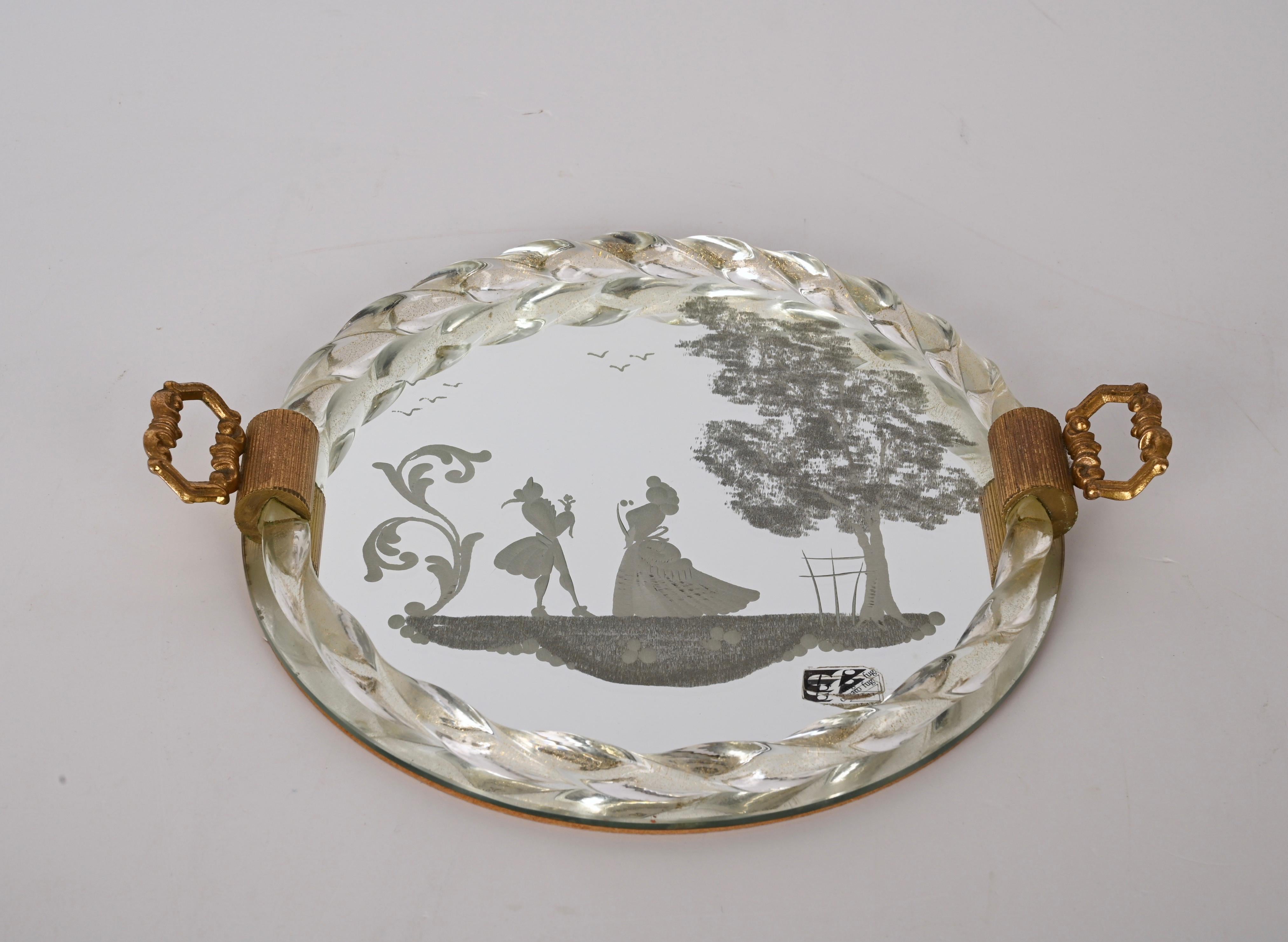 Ongaro e Fuga Gilded Engraved Mirror and Murano Glass Italian Serving Tray 1950s For Sale 9