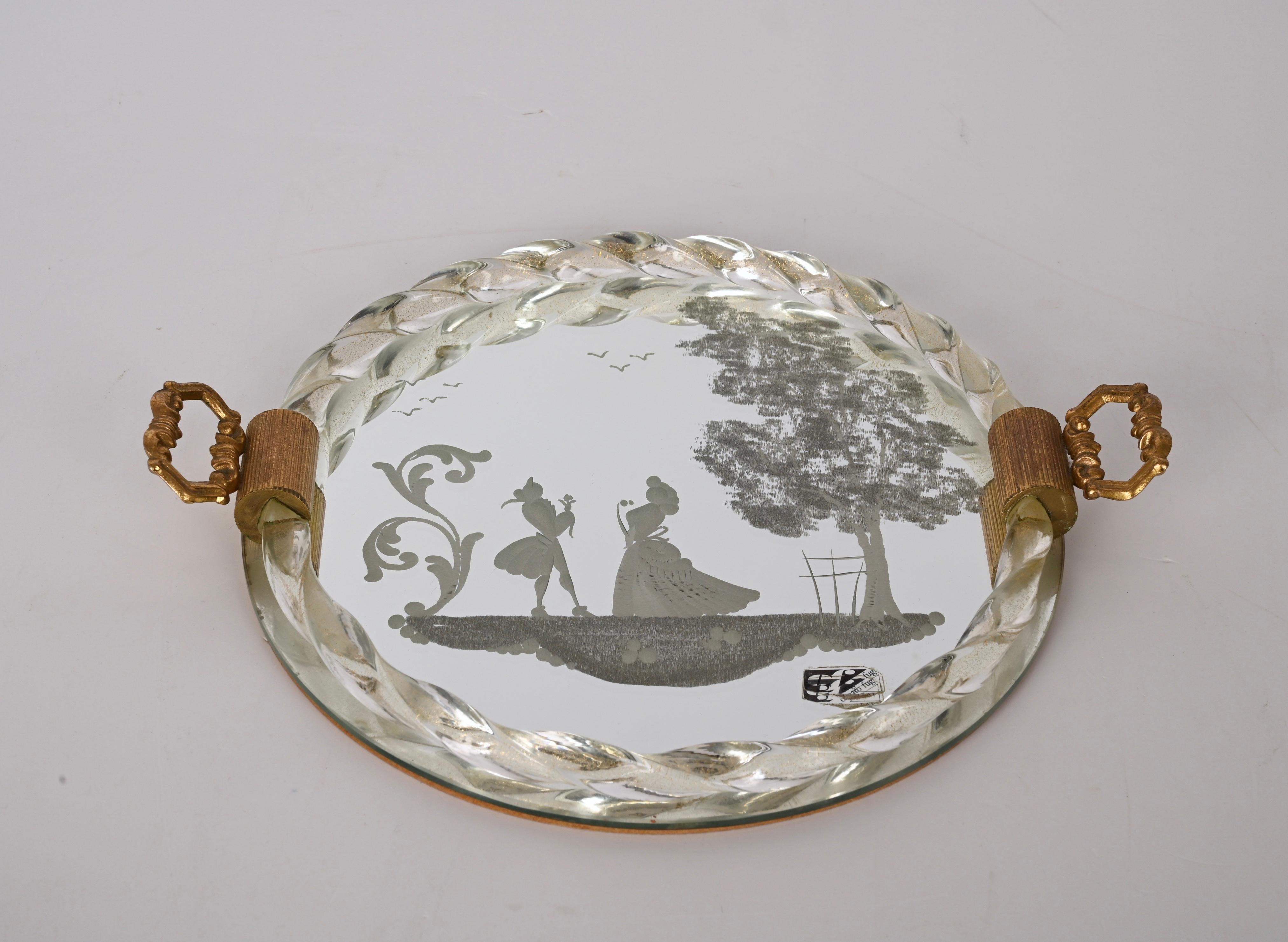 Ongaro e Fuga Gilded Engraved Mirror and Murano Glass Italian Serving Tray 1950s 8