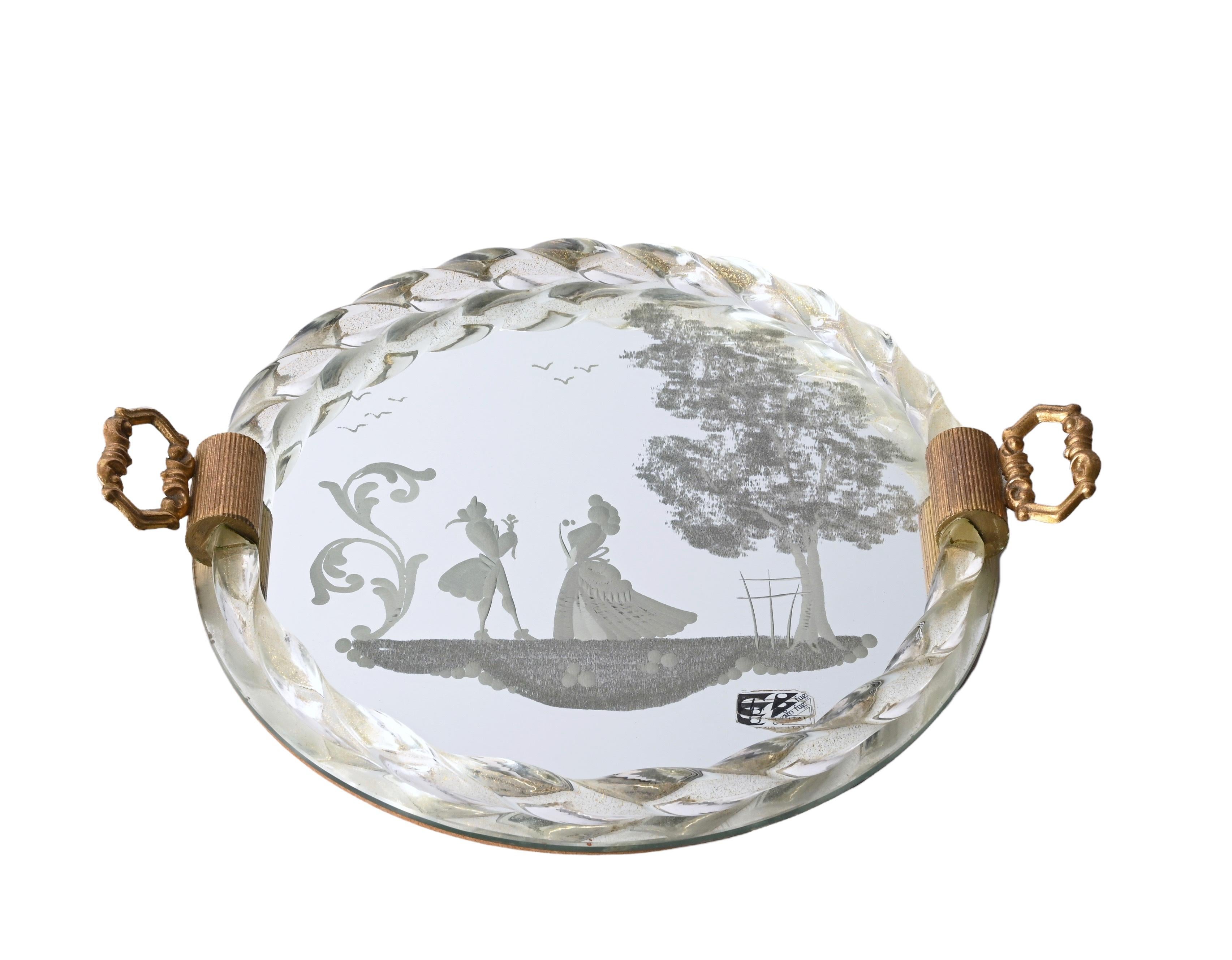 Gilt Ongaro e Fuga Gilded Engraved Mirror and Murano Glass Italian Serving Tray 1950s For Sale