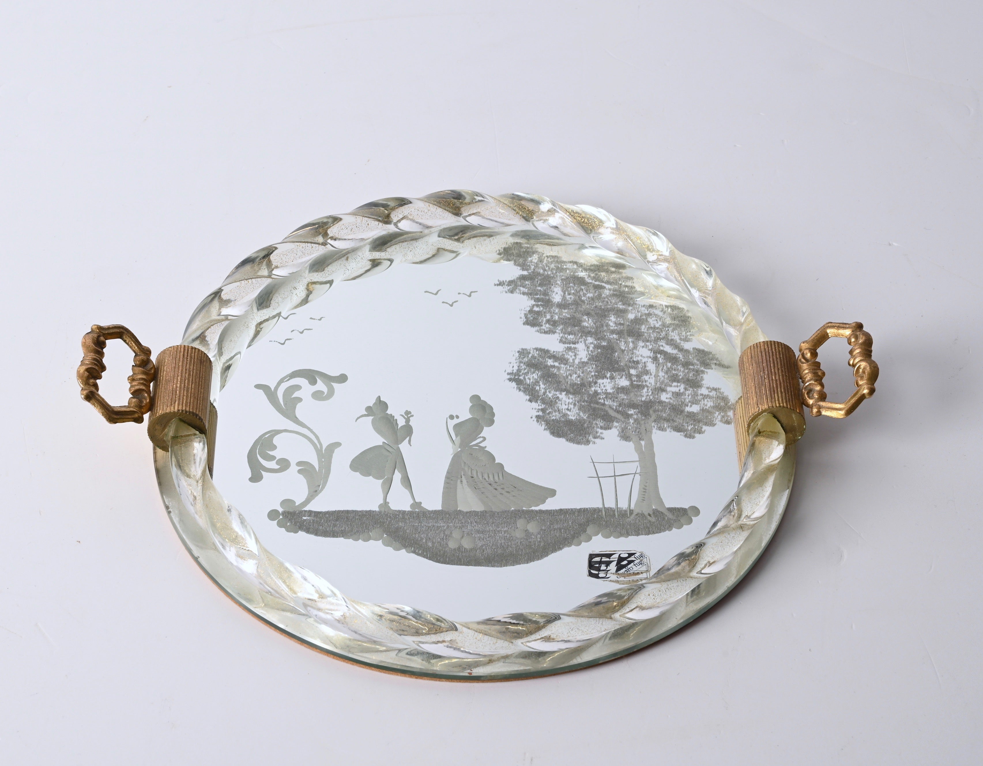 Gilt Ongaro e Fuga Gilded Engraved Mirror and Murano Glass Italian Serving Tray 1950s