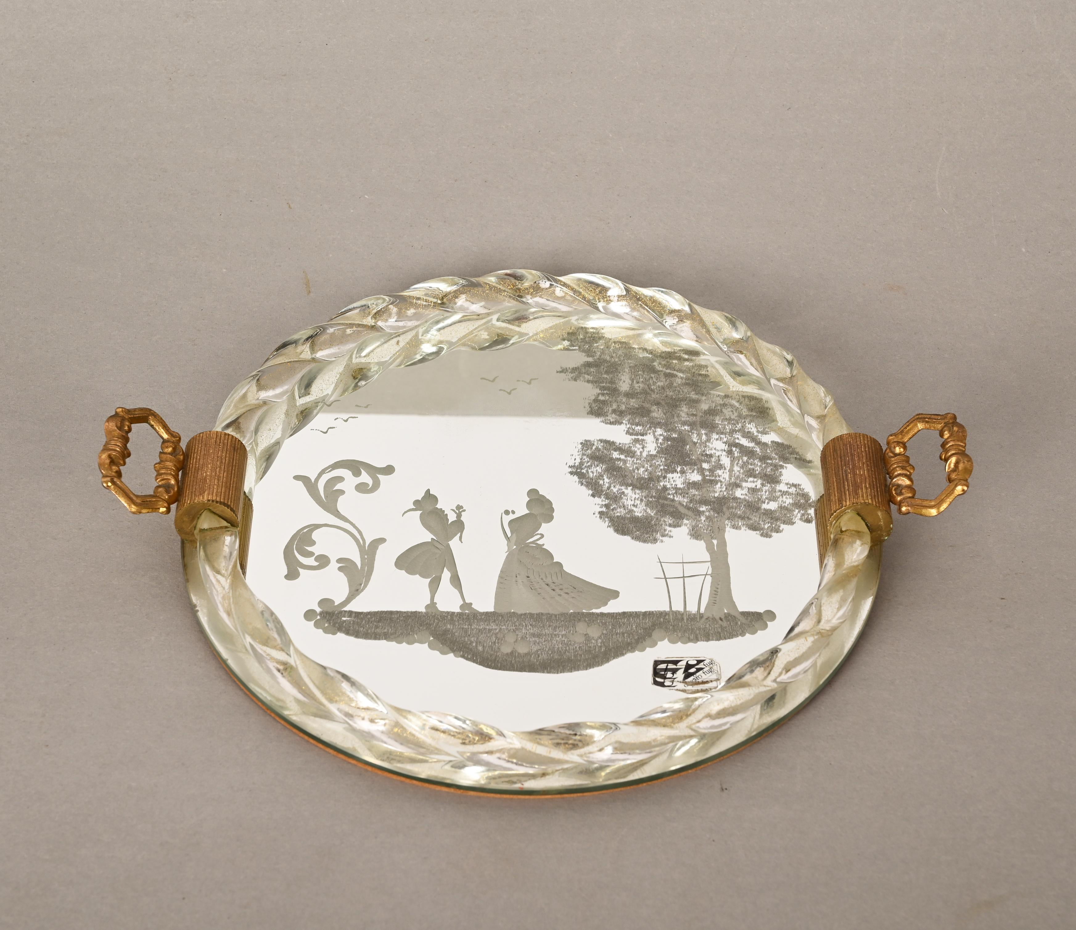 Ongaro e Fuga Gilded Engraved Mirror and Murano Glass Italian Serving Tray 1950s In Good Condition In Roma, IT