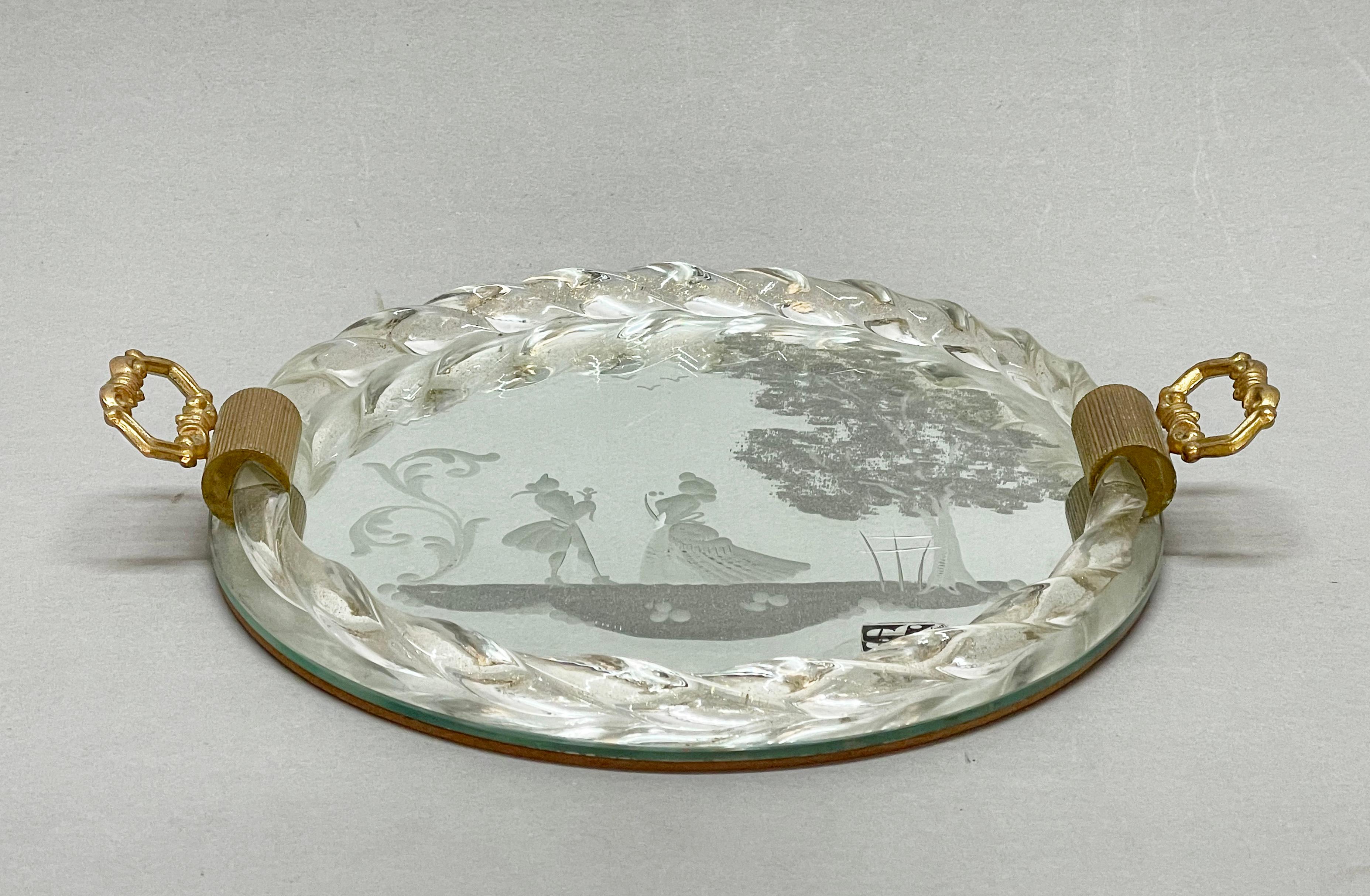 Ongaro e Fuga Gilded Engraved Mirror and Murano Glass Italian Serving Tray 1950s For Sale 1