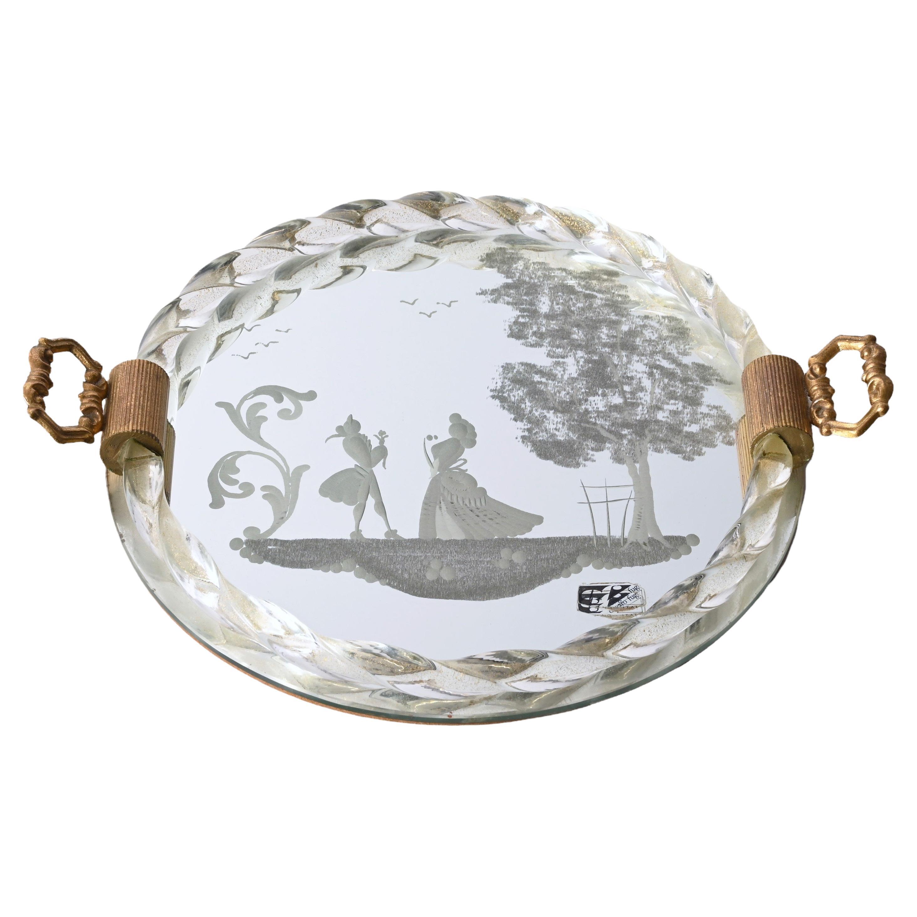 Ongaro e Fuga Gilded Engraved Mirror and Murano Glass Italian Serving Tray 1950s