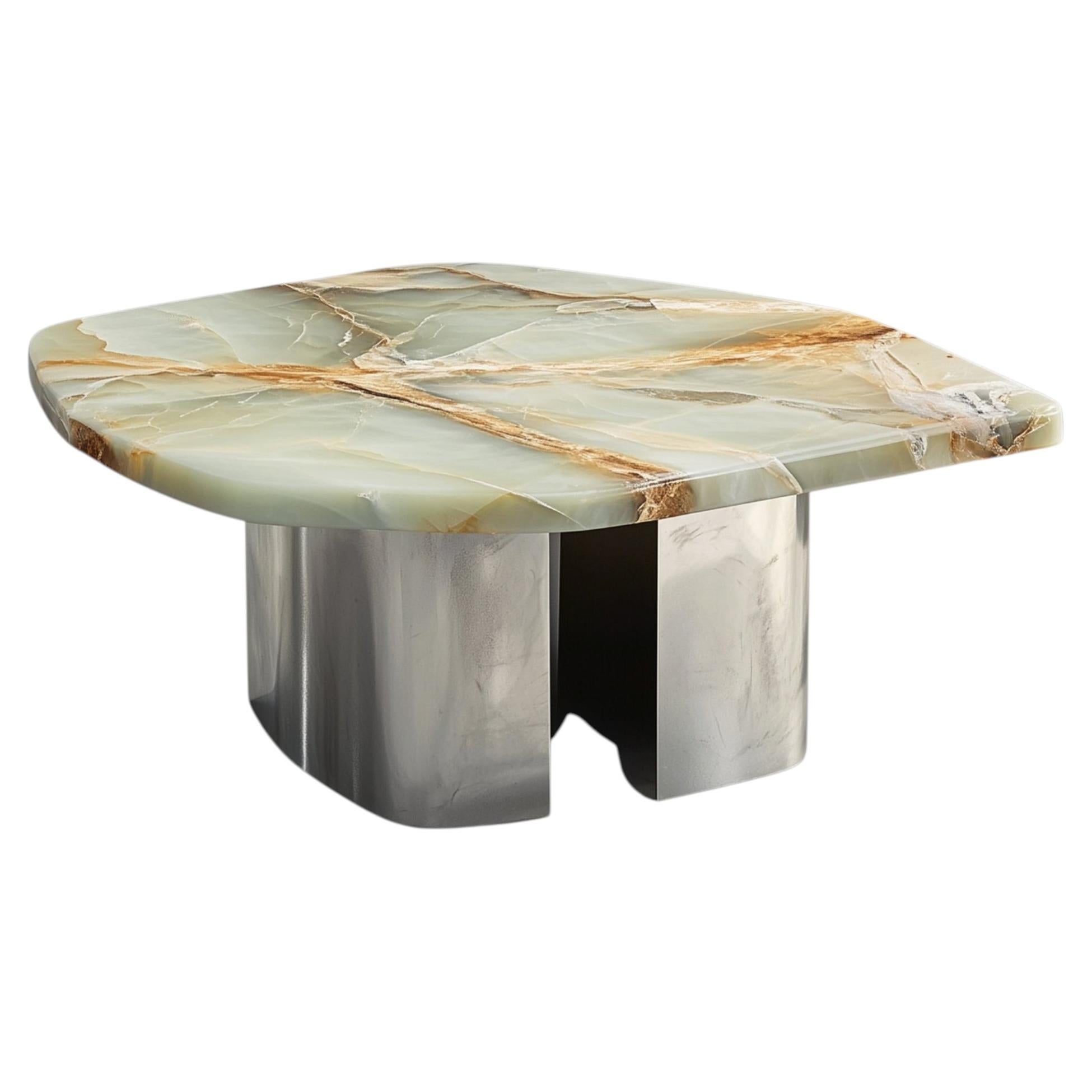 Oni Round Green Onyx & Brushed Aluminum Coffee Table For Sale