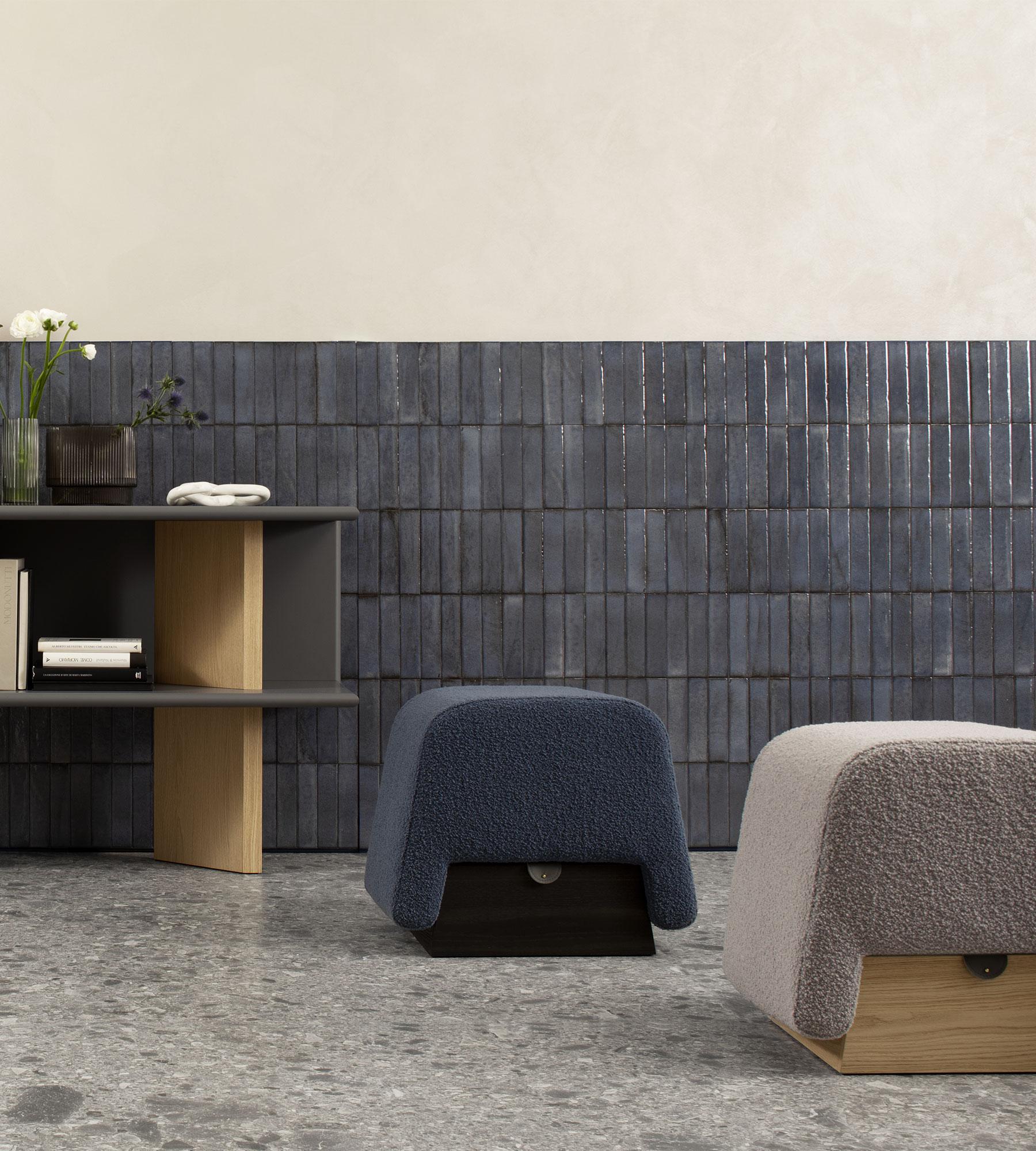 Onigiri Pouf by Morica Design
Dimensions: D 40 x W 52 x H 43 cm.
Materials: Laguna oak, Blue bouclé wool, Anthracite leather.

Available in Canaletto Walnut, Laguna Oak, or Oak wood. Please contact us.
Available in different wool options.

Pouf with