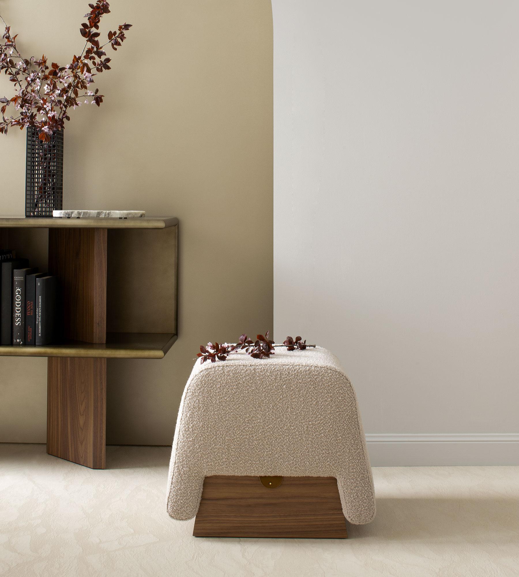 Onigiri Pouf by Morica Design
Dimensions: D 40 x W 52 x H 43 cm.
Materials: Canaletto walnut, Cipria bouclé wool, Cognac leather.

Available in Canaletto Walnut, Laguna Oak, or Oak wood. Please contact us.
Available in different wool options.

Pouf