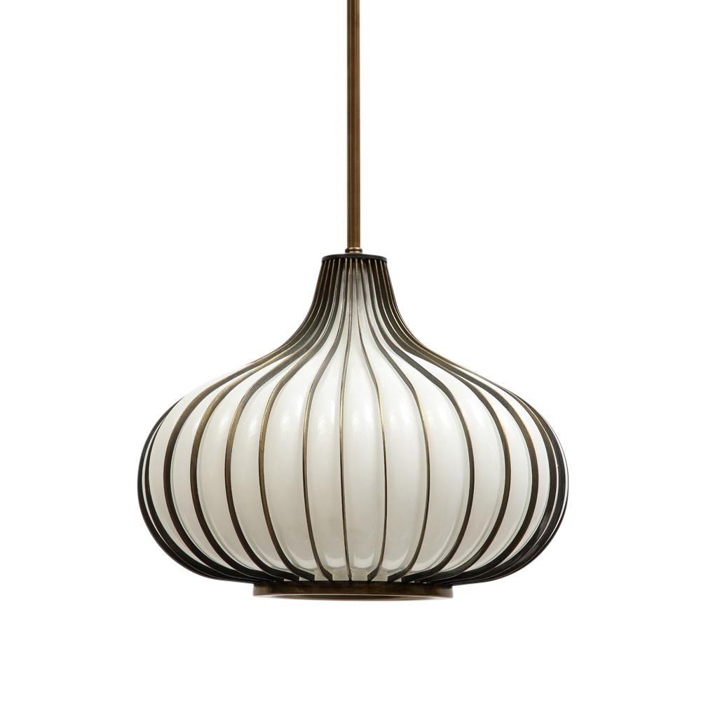 Mid-Century Modern Onion Pendant Lamp, Brass, Glass, Lightcraft of California For Sale
