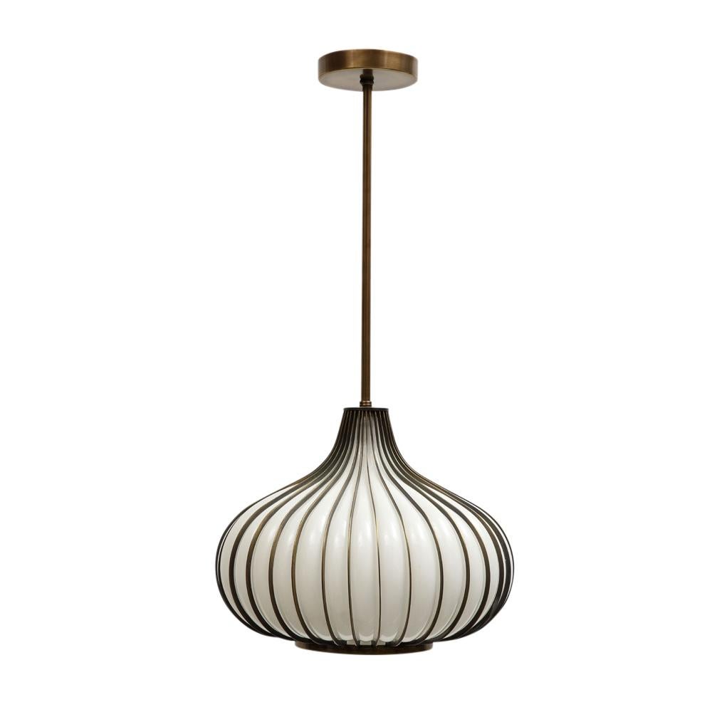 Onion Pendant Lamp, Brass, Glass, Lightcraft of California In Good Condition For Sale In New York, NY