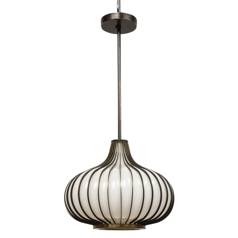 Mid-Century Modern Onion Pendant Lamps, Bronze, Glass, Light Craft of California For Sale