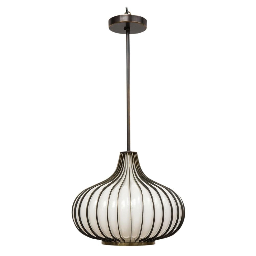 Mid-Century Modern Onion Pendant Lamps, Bronze, Glass, Light Craft of California