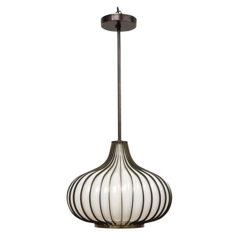American Onion Pendant Lamps, Bronze, Glass, Light Craft of California For Sale