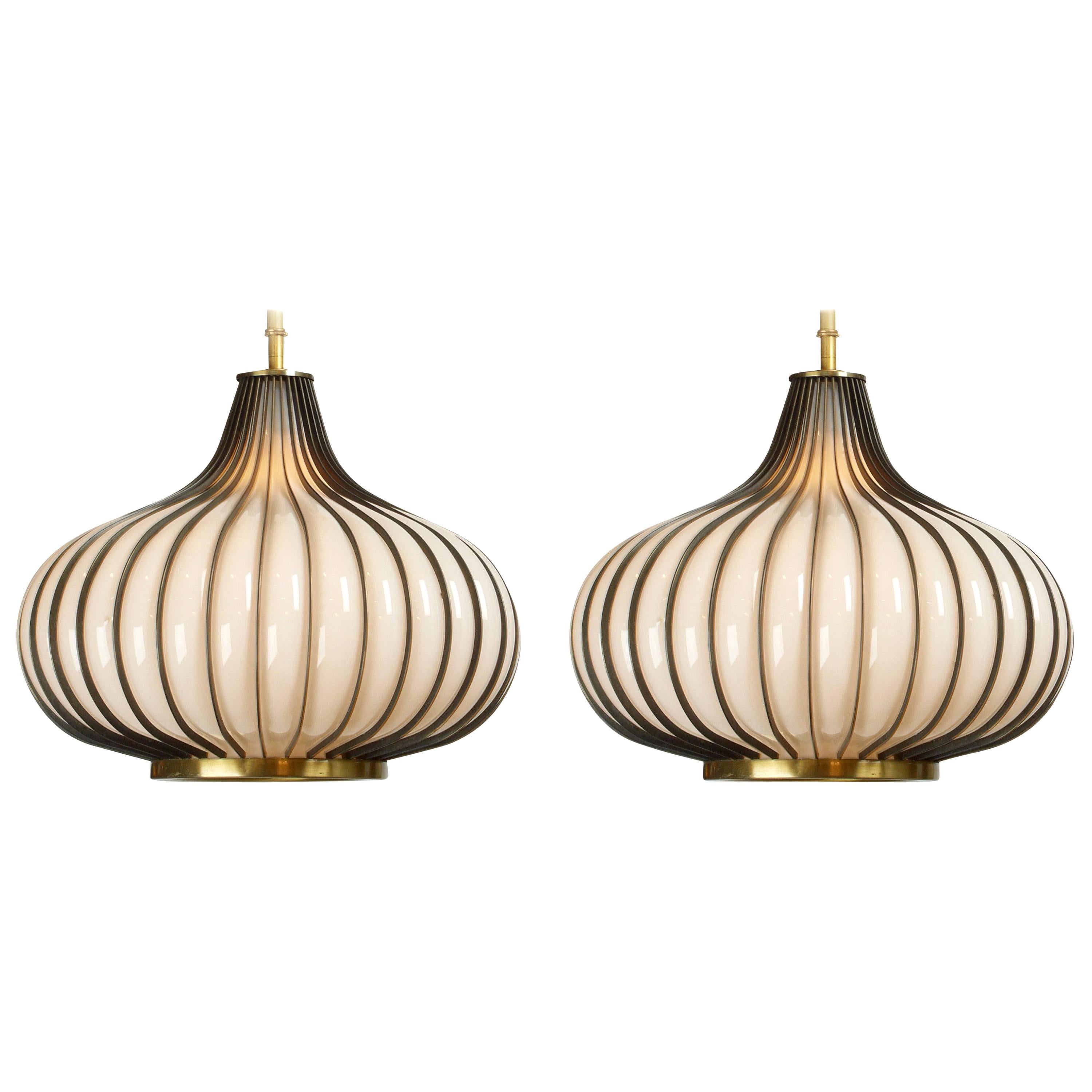 Onion Pendant Lamps, Hand Blown Glass, Brass