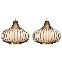 Vintage Onion Pendant Lamps, Hand Blown Glass, Brass