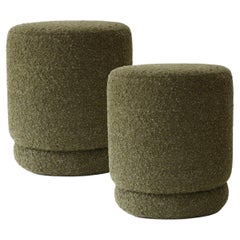 ONIX Organic Modern Set of 2 Poufs Ottomans in Dry Green Bouclé