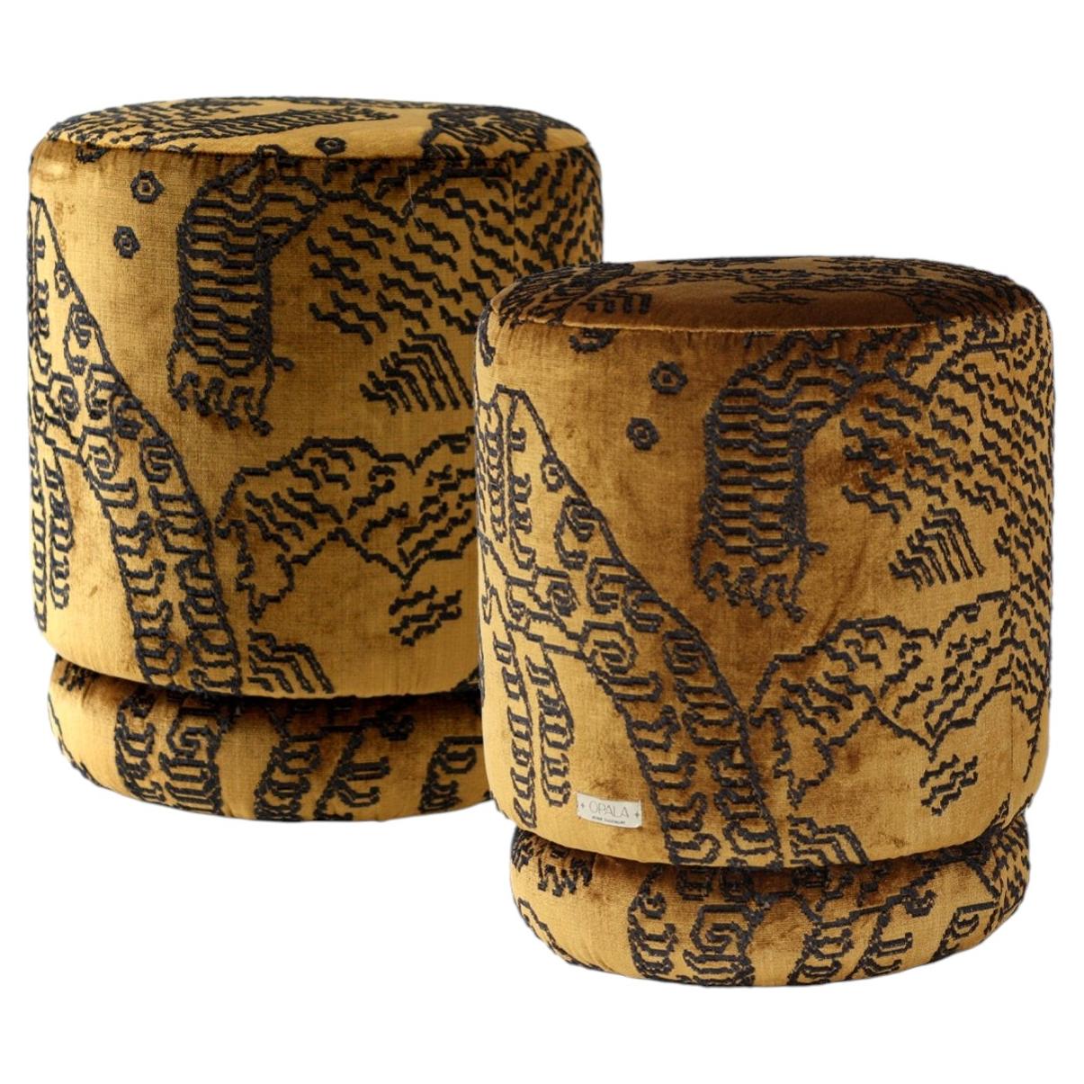 ONIX Organic Modern Set of 2 Stools Ottomans in Dedar Tiger Velvet