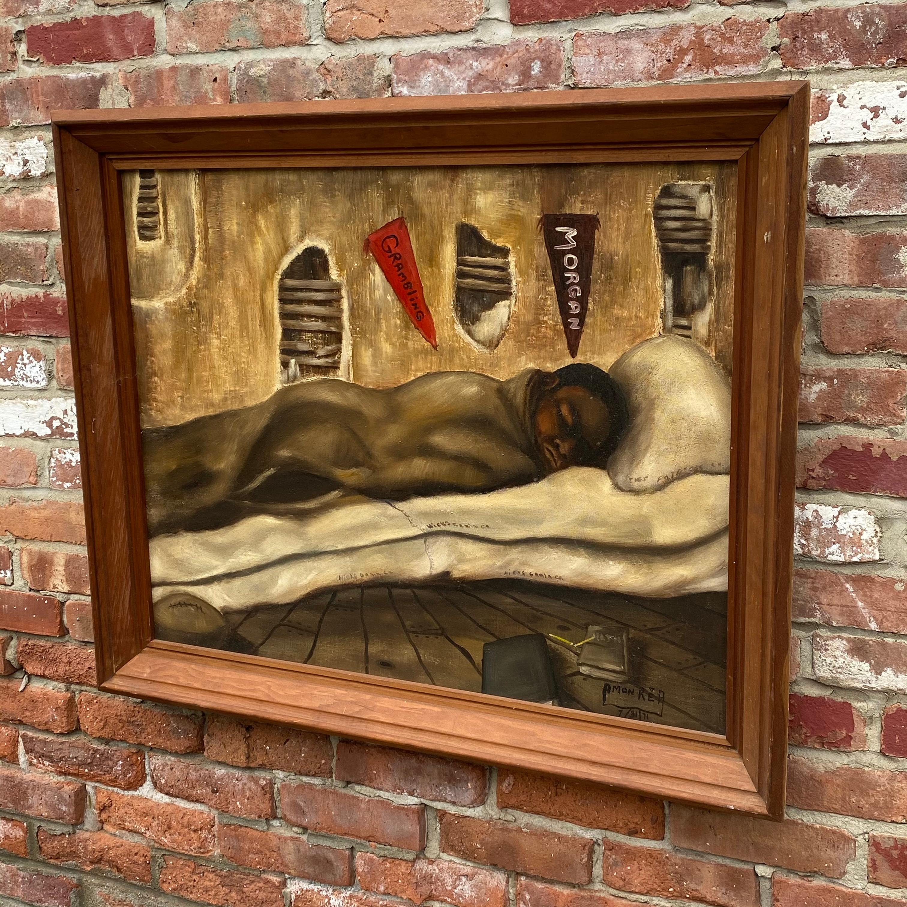 Titled Only A Few Hours Away painting by Amon Rea. Wonderful rendering of the aspirational dreams of a young black child set in an extremely modest setting; plaster bare wall with exposed lathe and a very lumpy mattress. Sleeping the sleep of the
