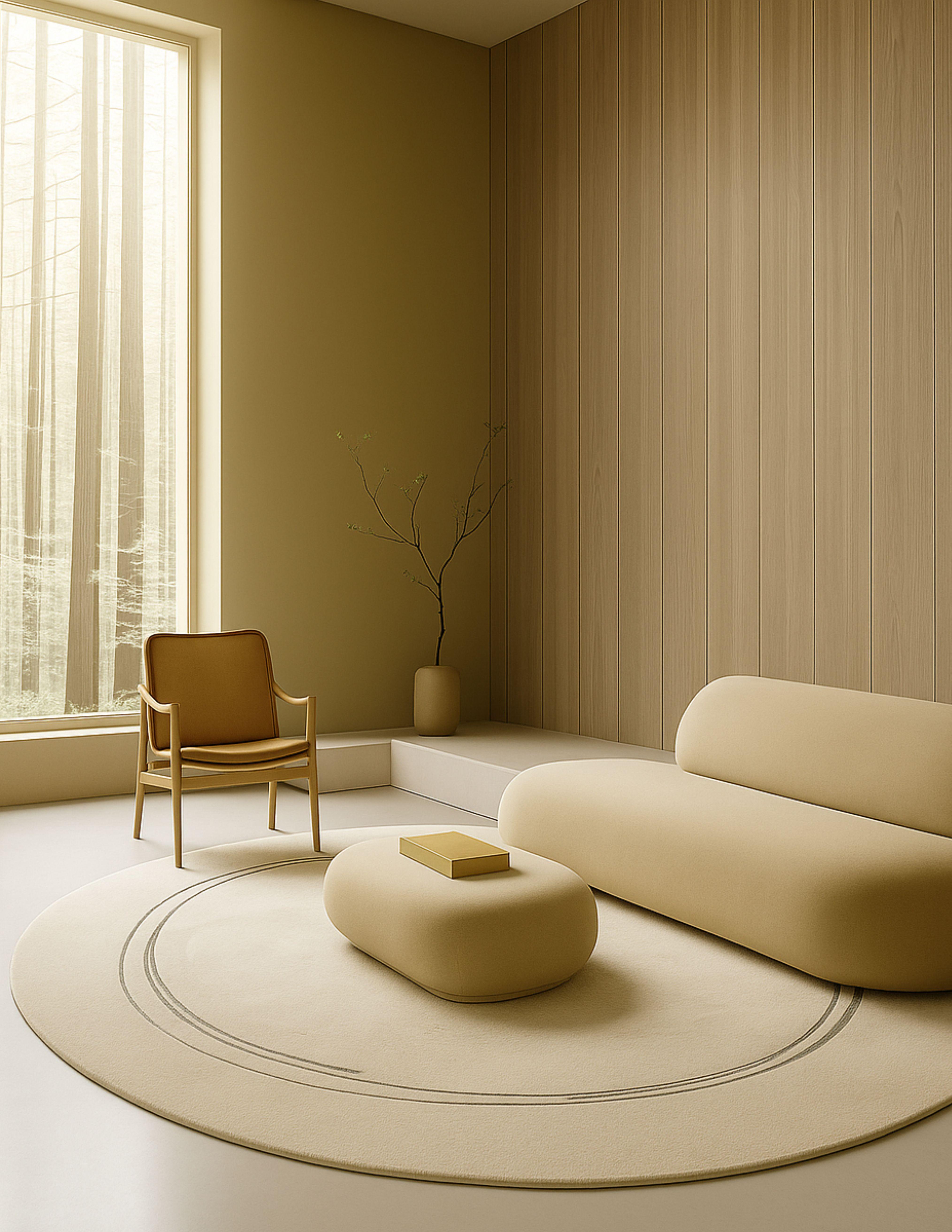 Découvrez le tapis RIVER, un modèle exclusif fait main en soie de bambou, inspiré par la fluidité et la sérénité d'une rivière infinie. Cet élégant tapis rond se compose d'une base beige douce et d'un motif en tons de pierre qui s'écoule sur la