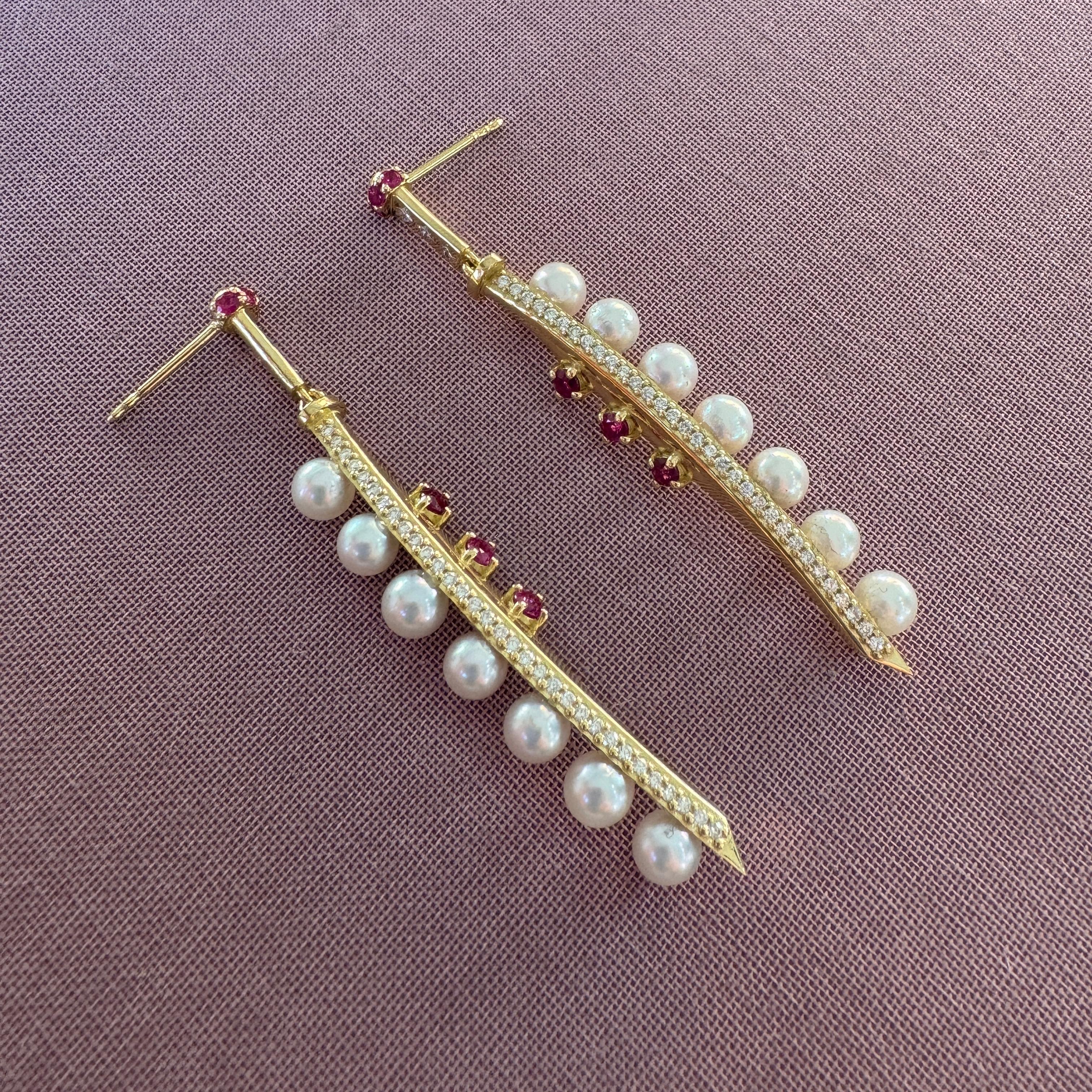 Contemporary Onna Musha Earrings in 18 Karat Yellow Gold with Diamonds, Rubies And Pearls
